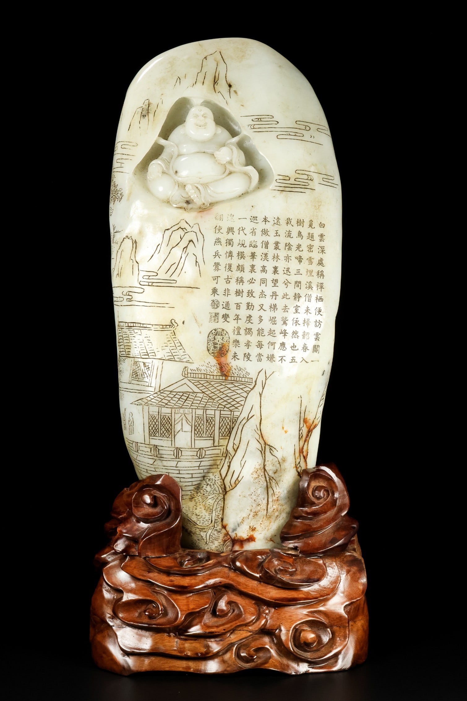 An Exquisite White Jade Statue of Maitreya Buddha Rockery Ornament: An Exquisite White Jade Statue of Maitreya Buddha Rockery Ornament Qing Dynasty, China Size:39cmx17cmx9cm Weight:6500g (The Dimensions Of All Batches Are Manually Measured.If You Need More Detailed