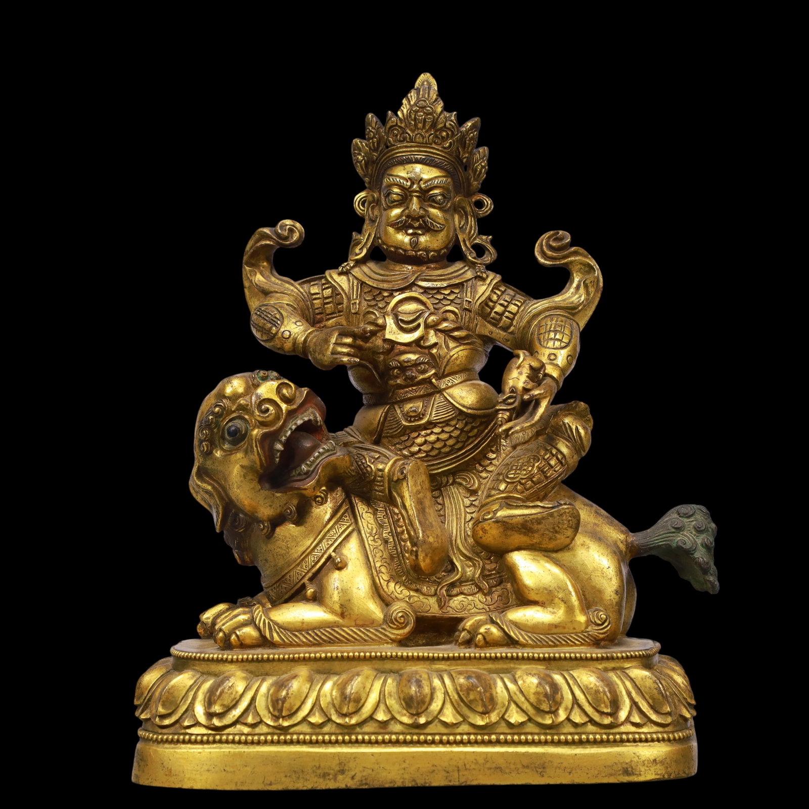 An Exquisite Gilt Bronze Statue of Mammon Rides the Lion: An Exquisite Gilt Bronze Statue of Mammon Rides the Lion Ming Dynasty, China Size:16cmx9cmx22cm Weight:2750g (The Dimensions Of All Batches Are Manually Measured.If You Need More Detailed
