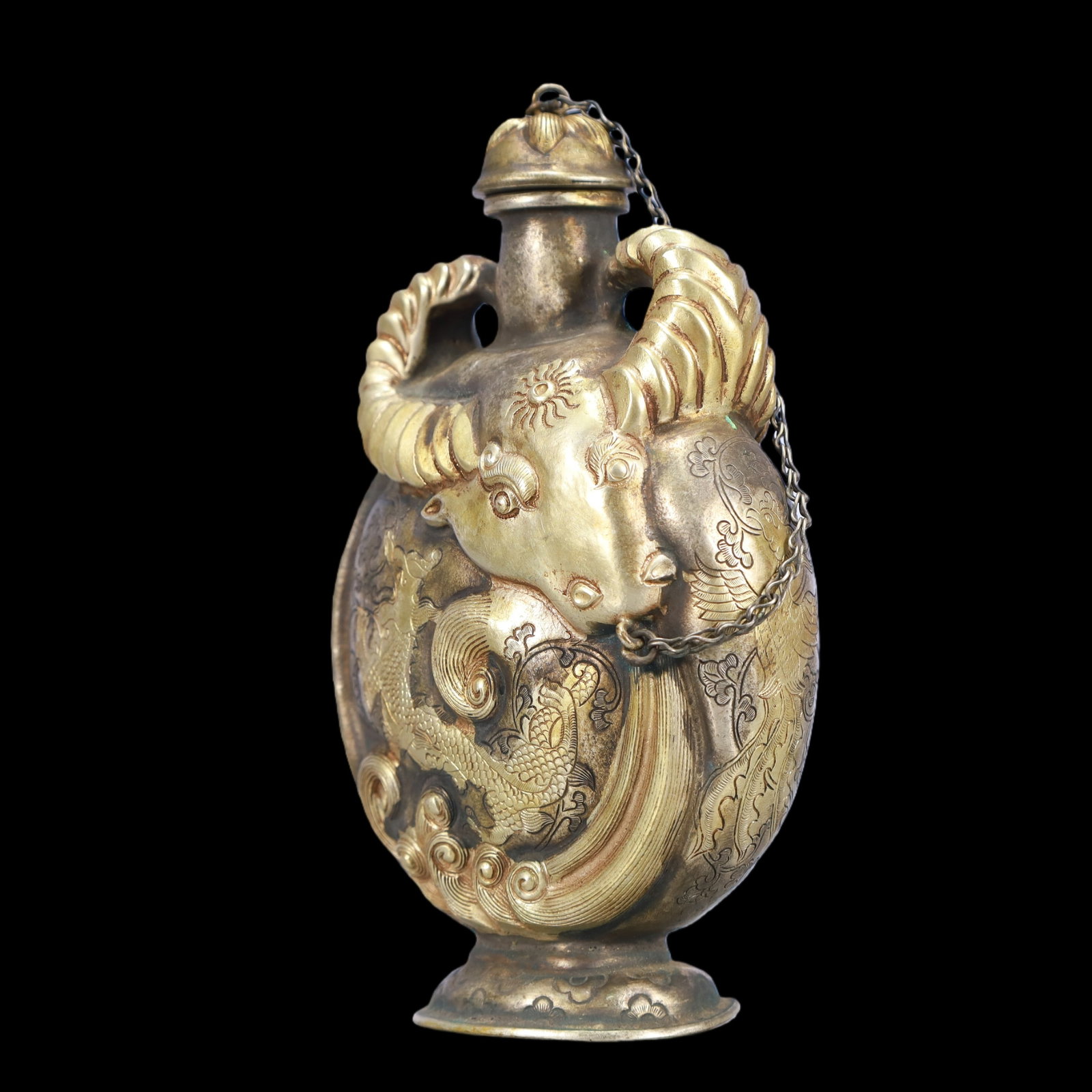 A Exquisite Gilt Silver Auspicious Beast Pattern Double-Ears Vase - 2