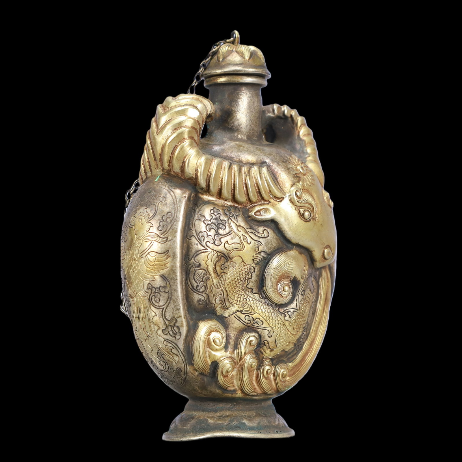 A Exquisite Gilt Silver Auspicious Beast Pattern Double-Ears Vase - 3