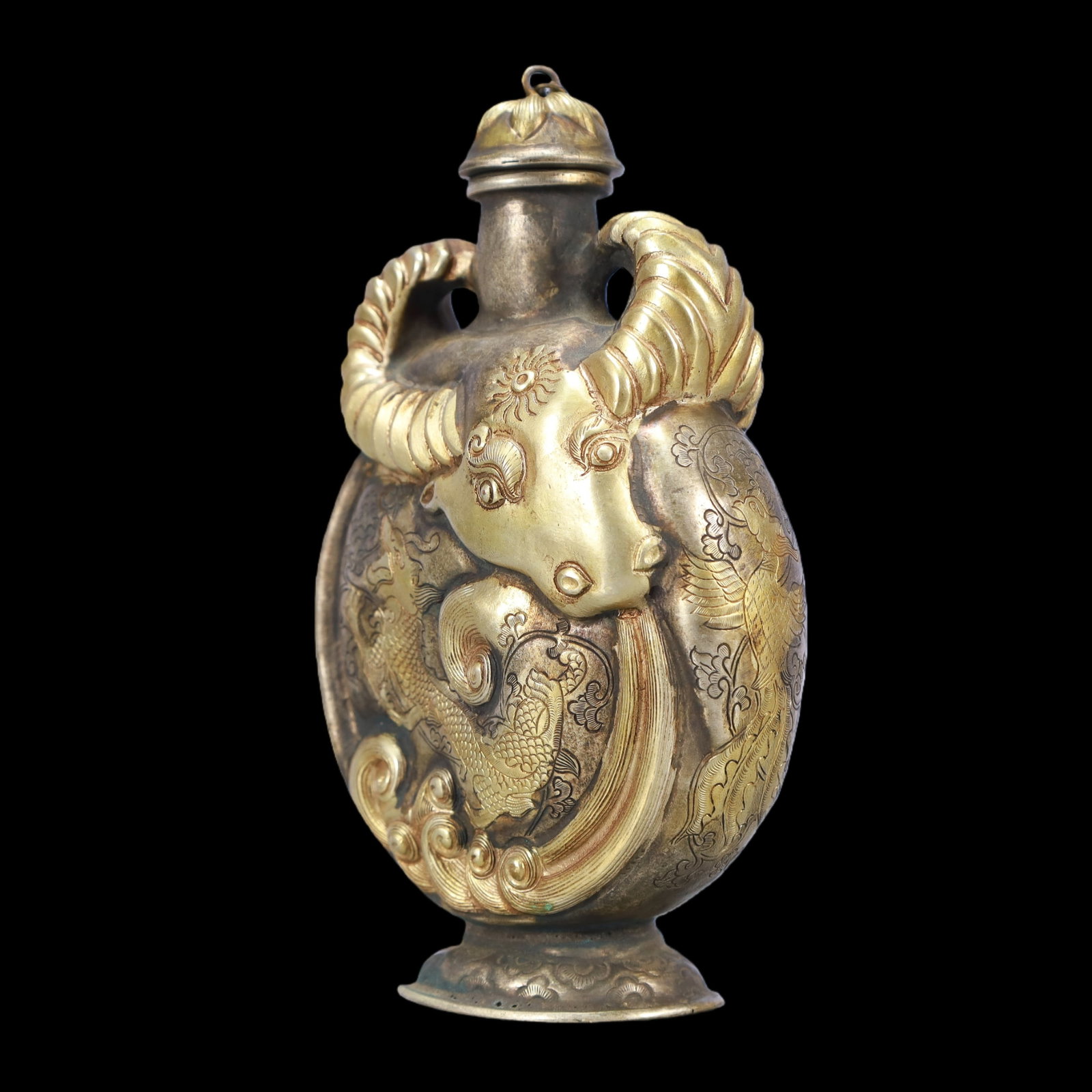 A Exquisite Gilt Silver Auspicious Beast Pattern Double-Ears Vase - 5