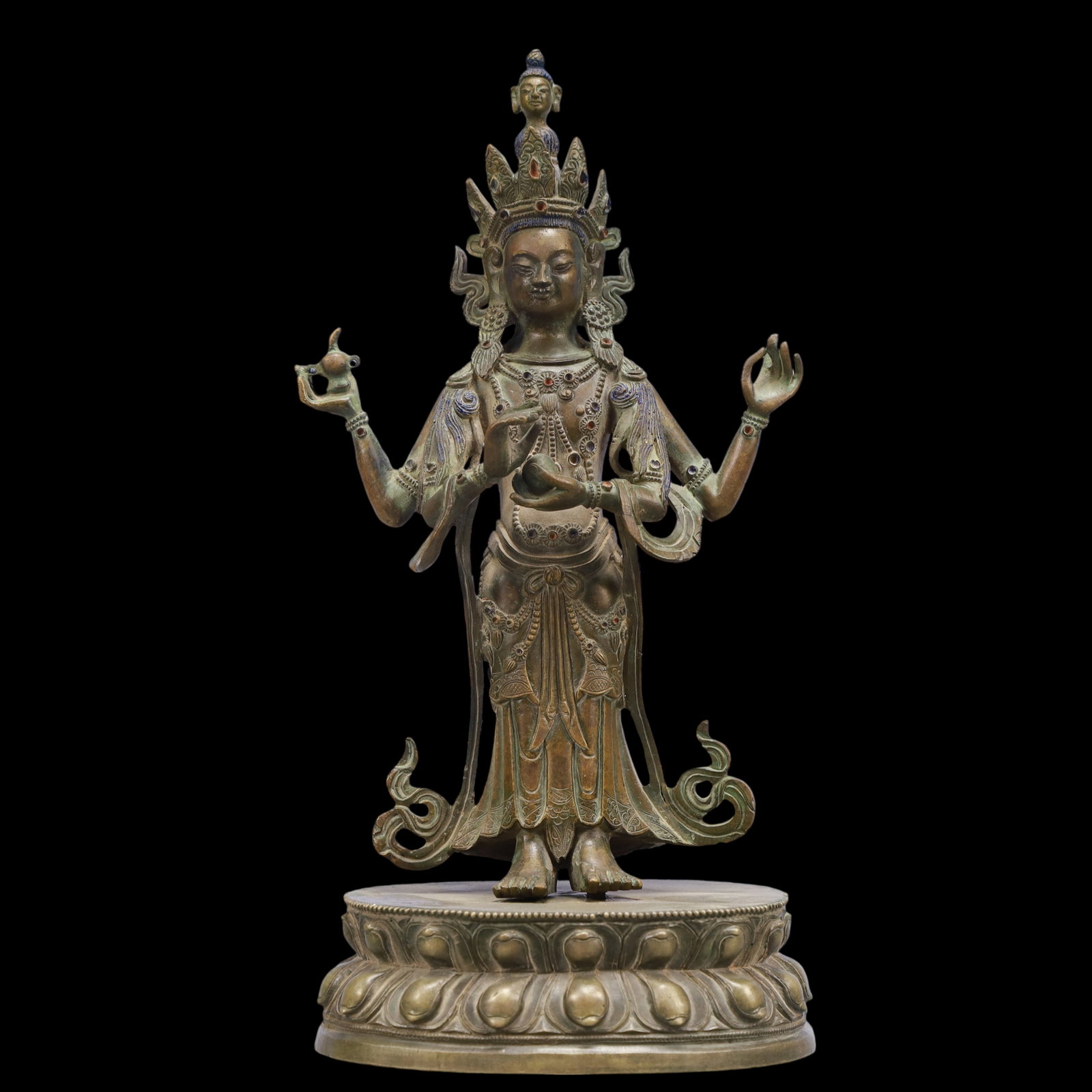 A Exquisite Coppery Four-arms Statue of Bodhisattva: A Exquisite Coppery Four-arms Statue of Bodhisattva Ming Dynasty, China Size:13cmx9cmx26cm Weight:1550g (The Dimensions Of All Batches Are Manually Measured.If You Need More Detailed Information,