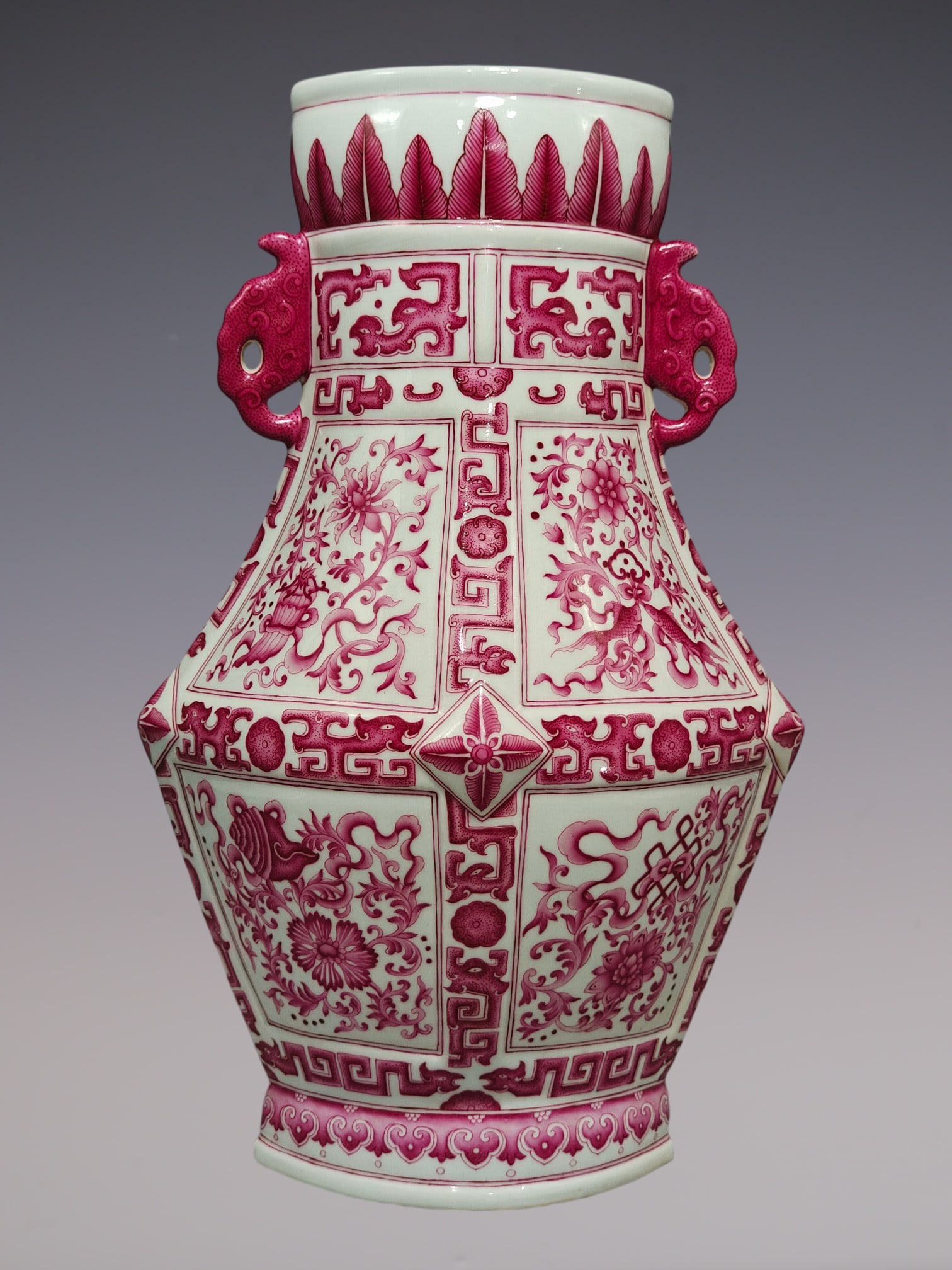 An Exquisite Ruby Red-Glazed Lotus Pattern Eight Treasures Pattern Double-Ears Vase: An Exquisite Ruby Red-Glazed Lotus Pattern Eight Treasures Pattern Double-Ears Vase Qing Dynasty, China Qianlong Six-character Mark Size:39.5cmx26cm (The Dimensions Of All Batches Are Manually