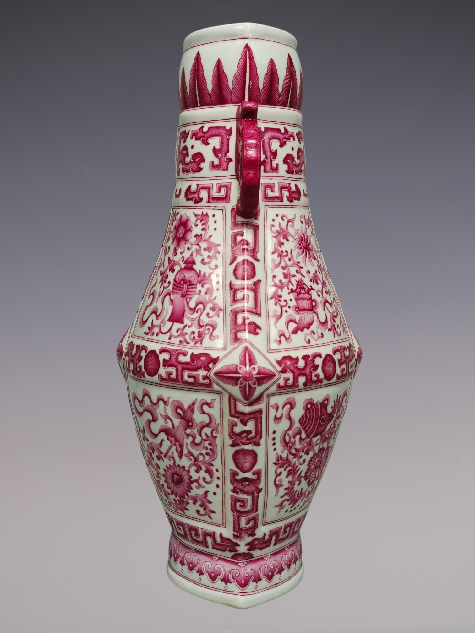 An Exquisite Ruby Red-Glazed Lotus Pattern Eight Treasures Pattern Double-Ears Vase - 2