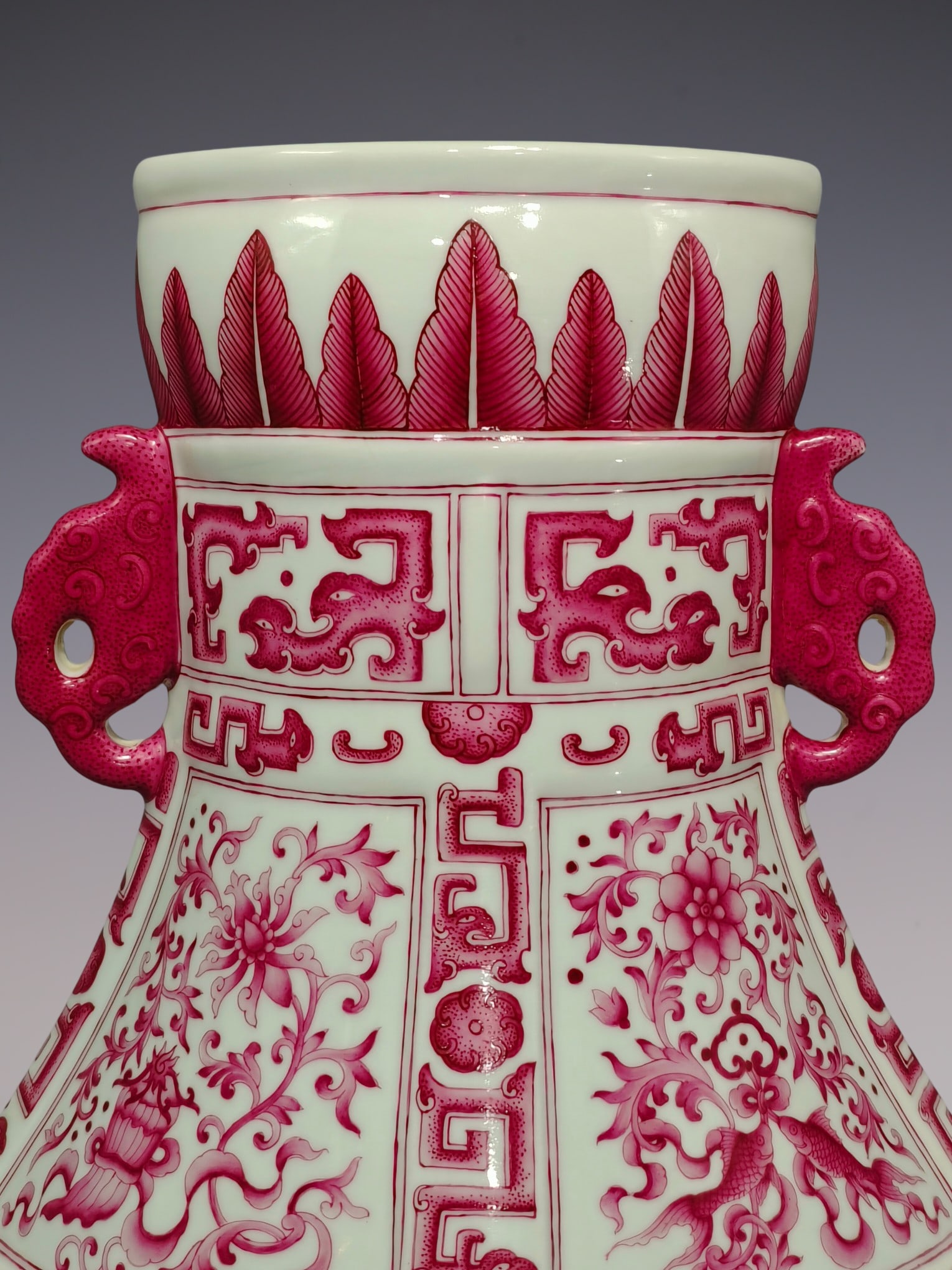 An Exquisite Ruby Red-Glazed Lotus Pattern Eight Treasures Pattern Double-Ears Vase - 4