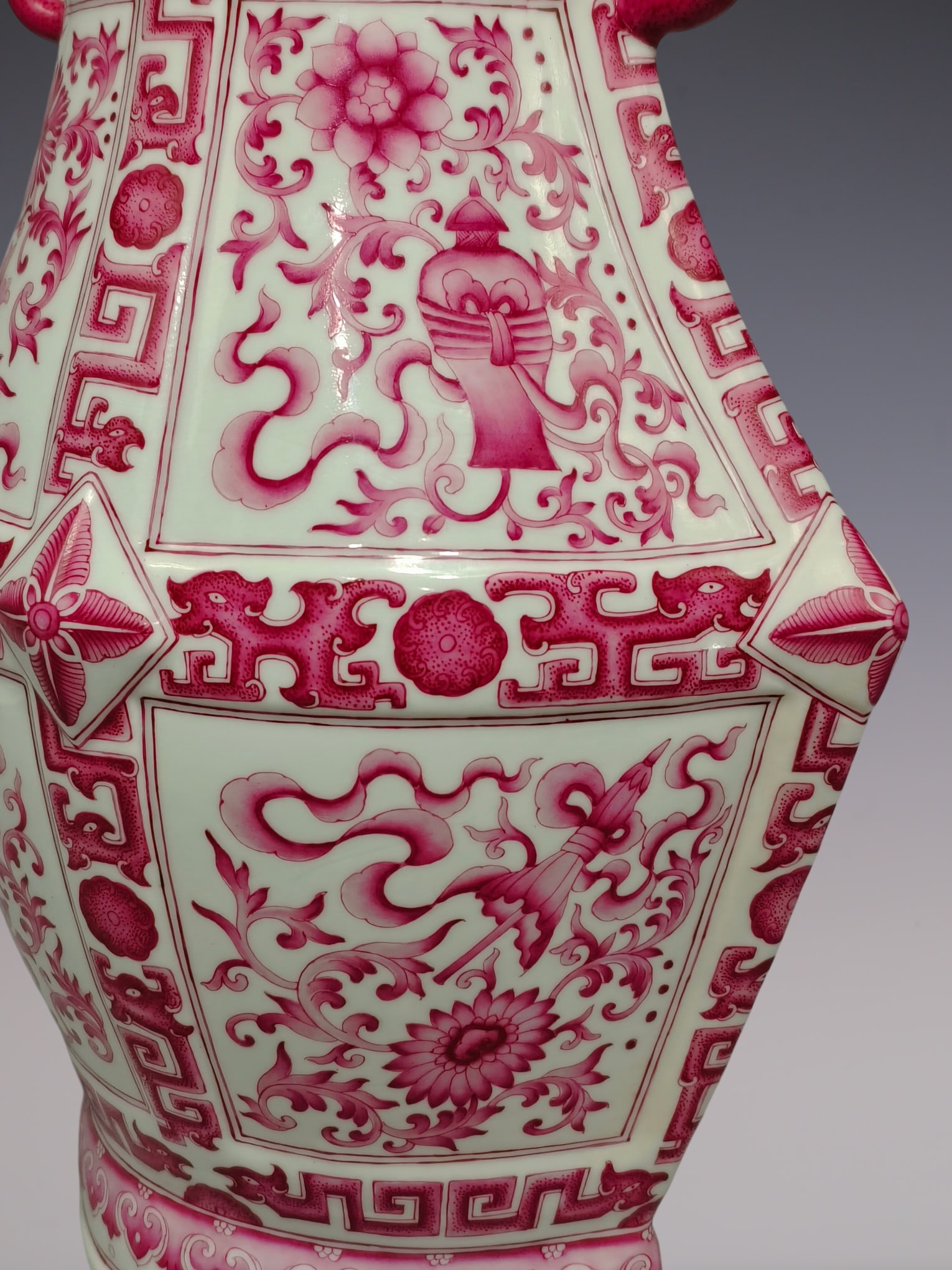 An Exquisite Ruby Red-Glazed Lotus Pattern Eight Treasures Pattern Double-Ears Vase - 6