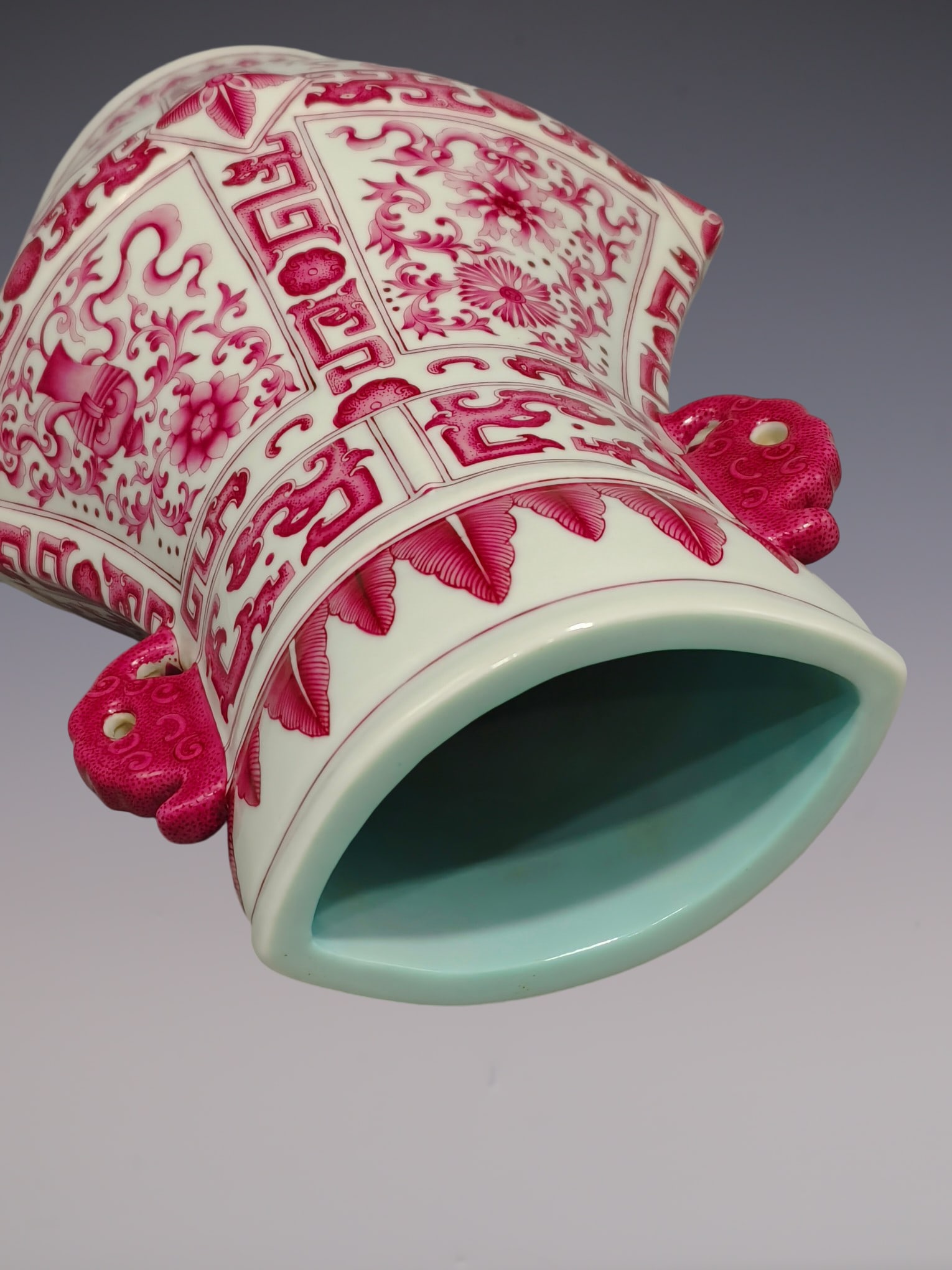 An Exquisite Ruby Red-Glazed Lotus Pattern Eight Treasures Pattern Double-Ears Vase - 8