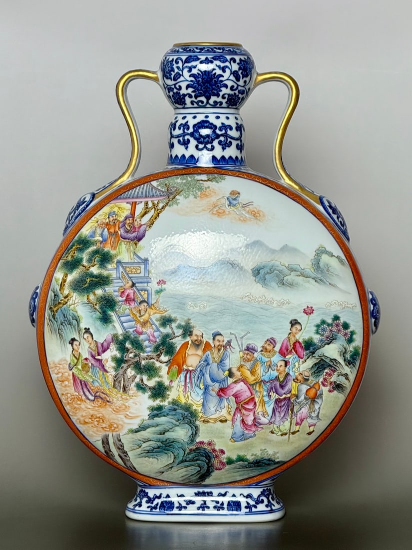 An Exquisite Blue and White Painted Gold Lotus Pattern Character and Story Pattern Double-Ears Vase: An Exquisite Blue and White Painted Gold Lotus Pattern Character and Story Pattern Double-Ears Vase Qing Dynasty, China Qianlong Six-character Mark Size:41.6cmx30.8cm (The Dimensions Of All Batches