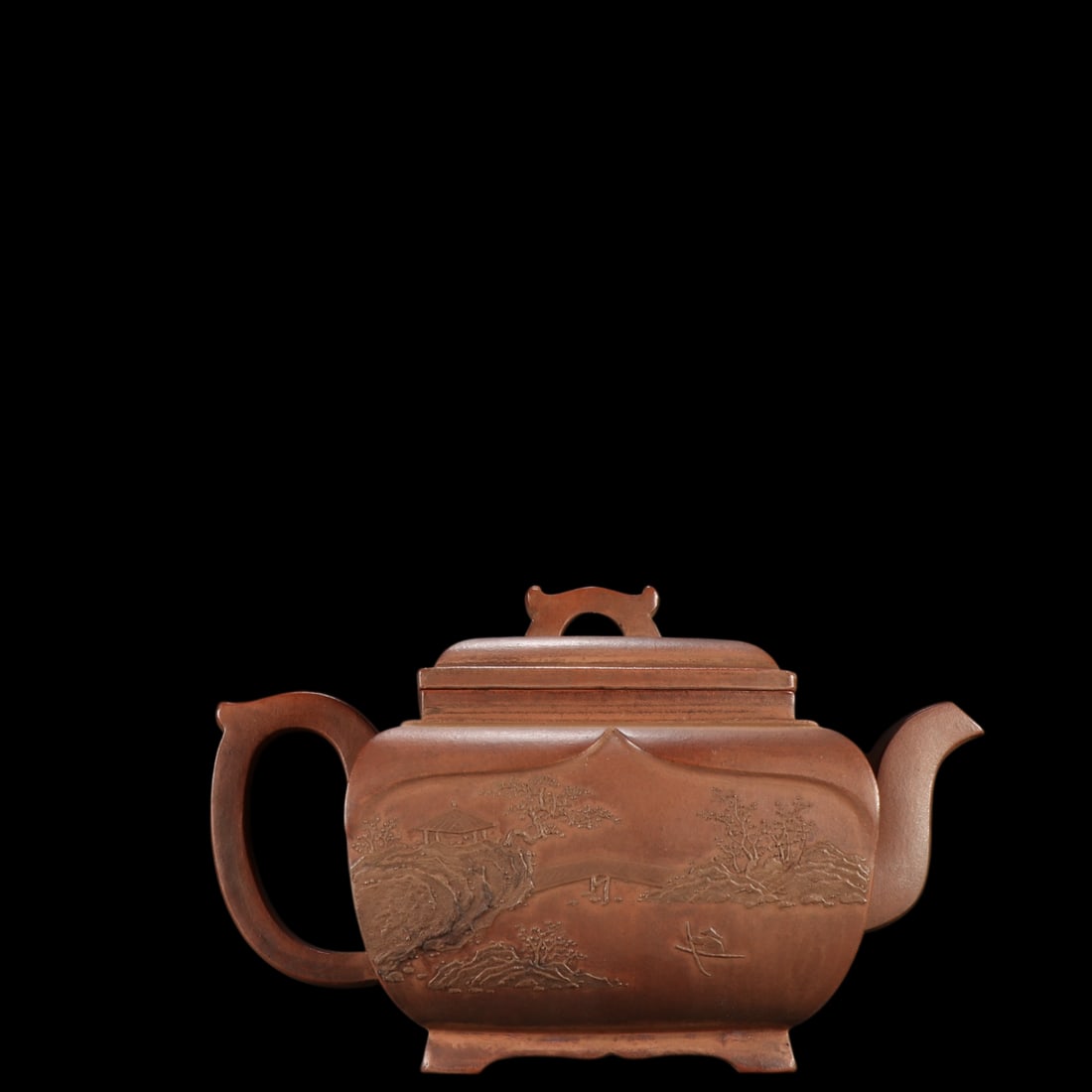 An Exquisite Purple Sands Landscape and Figure Pattern Teapot: An Exquisite Purple Sands Landscape and Figure Pattern Teapot Qing Dynasty, China Kangxi Four-character Mark Size:11.4cmx17.5cm (The Dimensions Of All Batches Are Manually Measured.If You Need More