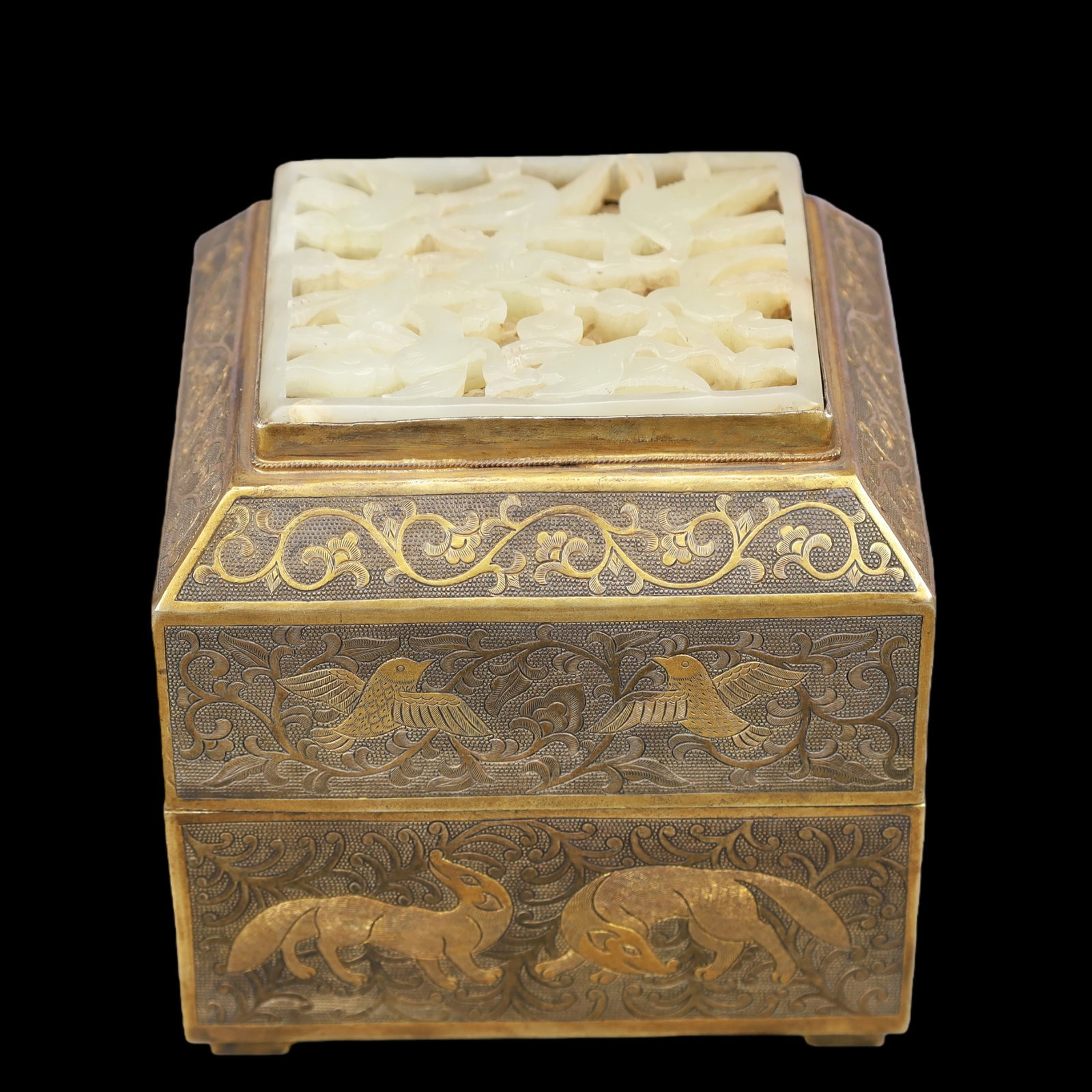A Exquisite Gilt Bronze Inlaid White Jade Lotus Pattern Flower and Bird Pattern Box (1 of 7)