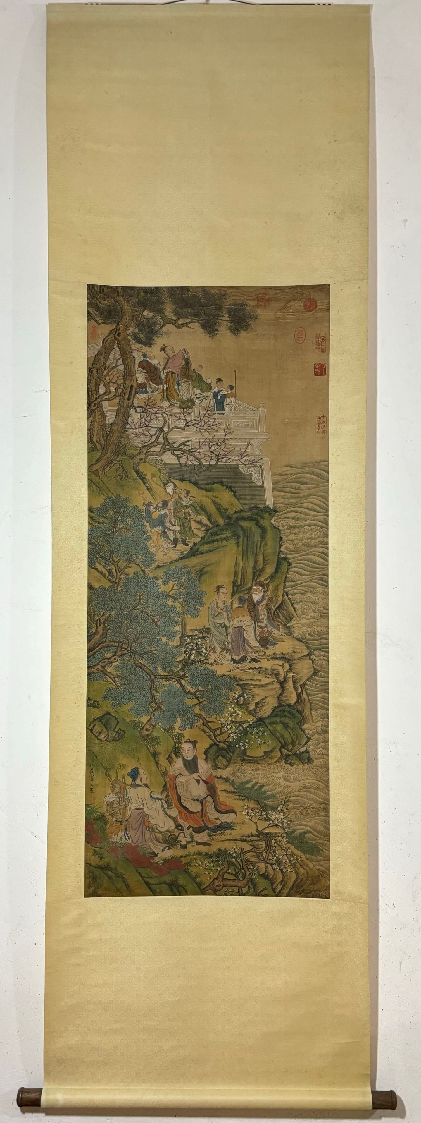 A Chinese Vertical Scroll Ink Painting of Character and Story on Silk: A Chinese Vertical Scroll Ink Painting of Character and Story on Silk Qiu ying Without frame Size:124.5cmx49.5cm (The Dimensions Of All Batches Are Manually Measured.If You Need More Detailed Informat
