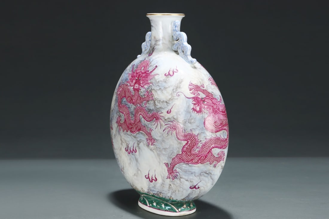 An Exquisite Ruby Red-Glazed Painted Gold Dragon Pattern Seawater Pattern Double-Ears Vase - 2