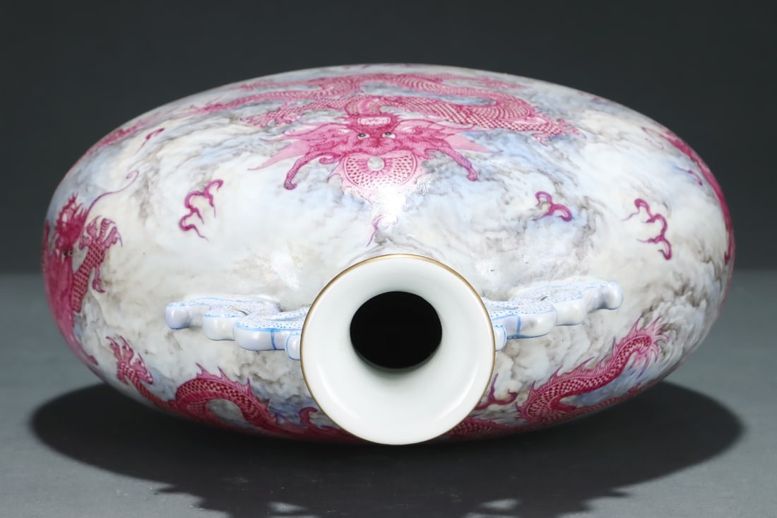 An Exquisite Ruby Red-Glazed Painted Gold Dragon Pattern Seawater Pattern Double-Ears Vase - 4