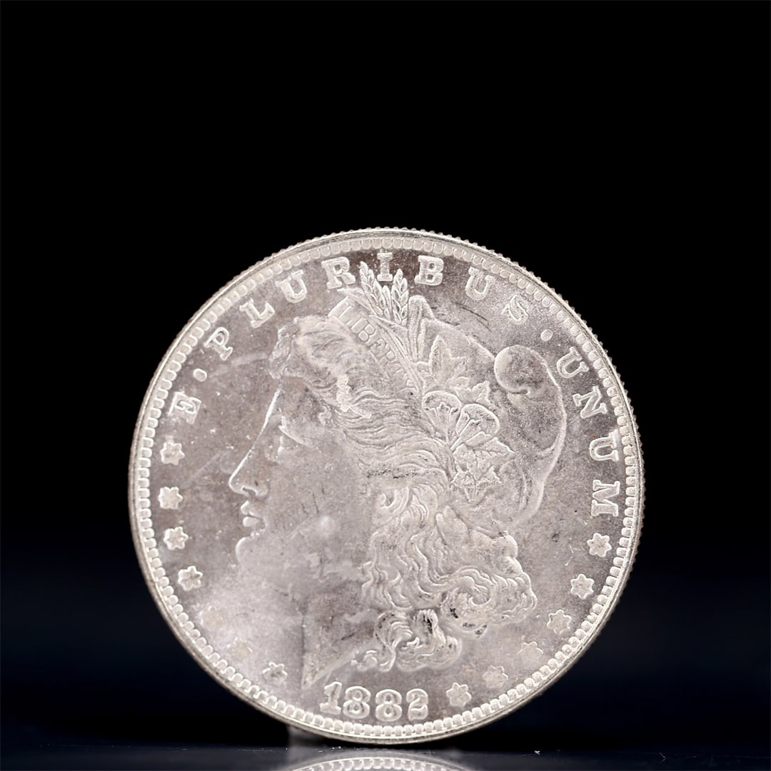 USA Morgan Dollar 1882 Coin: Obv: profile bust with date below and E PLURIBUS UNUM legend and stars around. Rev: eagle with In God we trust above within wreath with UNITED STATES OF AMERICA ONE DOLLAR legend. IN GOD WE TRUST /