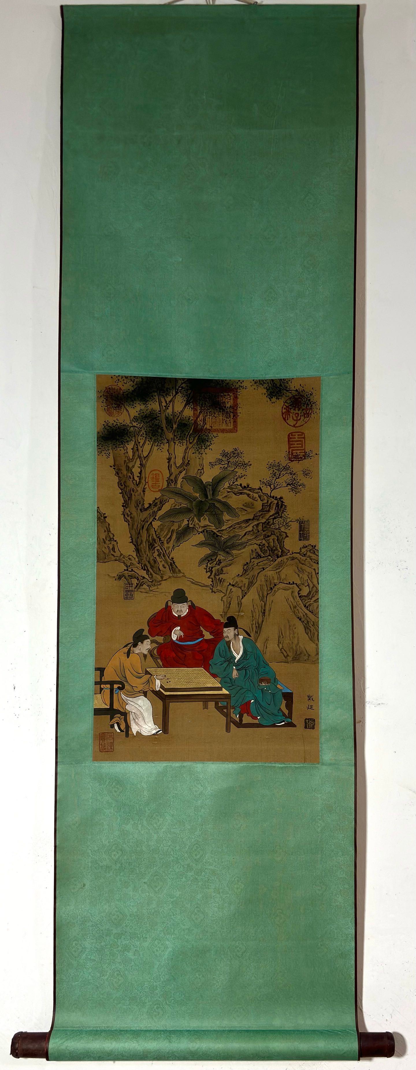 A Chinese Vertical Scroll Ink Painting of Character and Story on Silk: A Chinese Vertical Scroll Ink Painting of Character and Story on Silk Dai jin Without frame Size:56cmx32.5cm (The Dimensions Of All Batches Are Manually Measured.If You Need More Detailed Information,