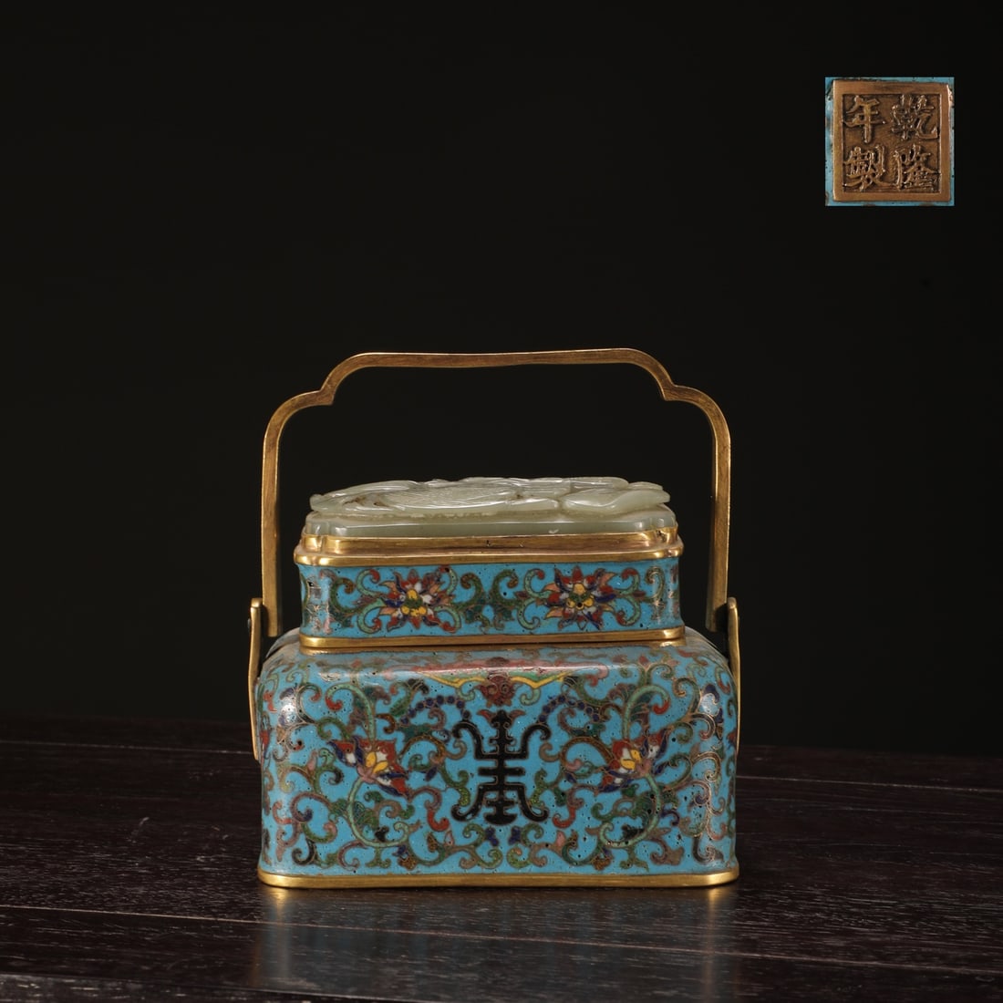 An Exquisite Cloisonne Inlaid White Jade Bats and Peach Pattern Lotus Pattern Censer: An Exquisite Cloisonne Inlaid White Jade Bats and Peach Pattern Lotus Pattern Censer Qing Dynasty, China Qianlong Four-character Mark Size:13cmx12.5cm (The Dimensions Of All Batches Are Manually