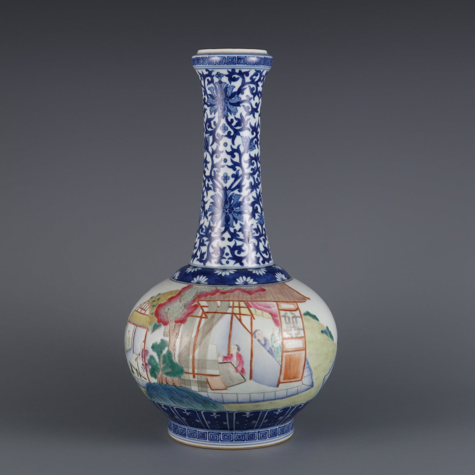 An Exquisite Famille-Rose Blue and White Lotus Pattern Character and Story Pattern Vase: An Exquisite Famille-Rose Blue and White Lotus Pattern Character and Story Pattern Vase Qing Dynasty, China Qianlong Six-character Mark Size:34.8cm (The Dimensions Of All Batches Are Manually