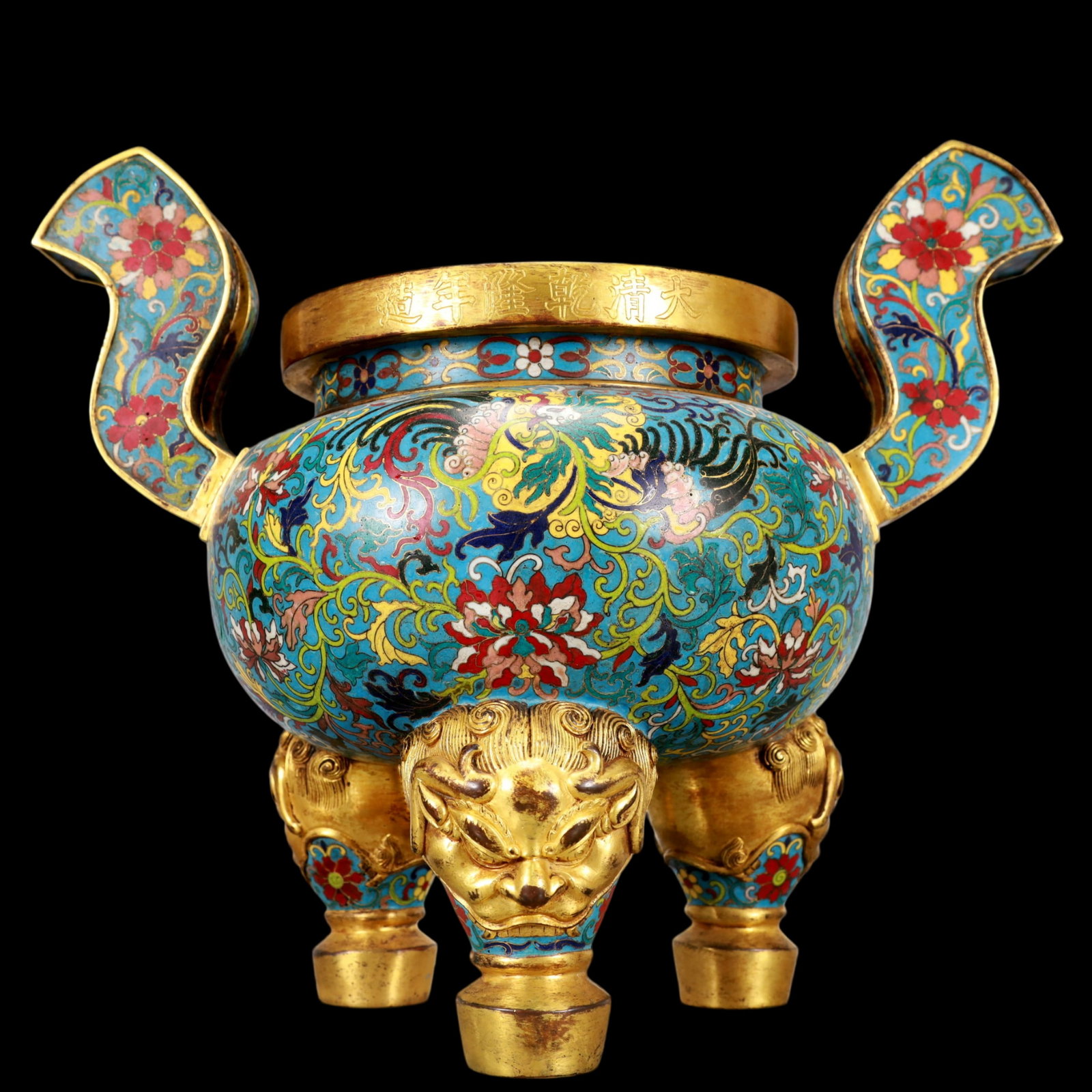 A Exquisite Cloisonne Gilt Bronze Lotus Pattern Phoenix Pattern Double-Ears Tripod Censer: A Exquisite Cloisonne Gilt Bronze Lotus Pattern Phoenix Pattern Double-Ears Tripod Censer Qing Dynasty, China Qianlong Six-character Mark Size:39cmx23cmx33cm Weight:8450g (The Dimensions Of All