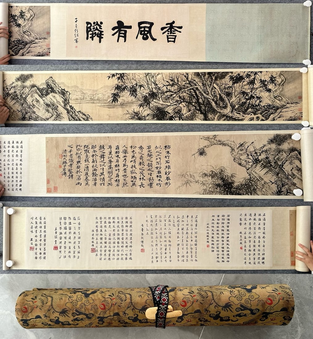 A Chinese Hand Scroll Ink Painting of Landscape on Paper: A Chinese Hand Scroll Ink Painting of Landscape on Paper Shi tao Without frame Size:31cmx300 (The Dimensions Of All Batches Are Manually Measured.If You Need More Detailed Information, Please Contact
