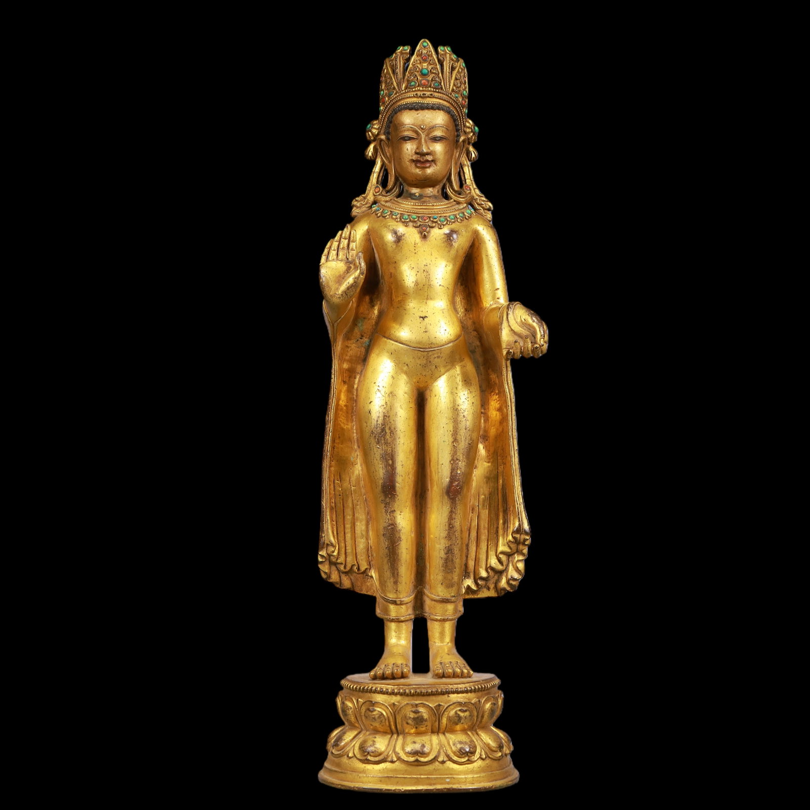 An Exquisite Gilt Bronze Inlaid Gems Statue of Avalokitesvara: An Exquisite Gilt Bronze Inlaid Gems Statue of Avalokitesvara Ming Dynasty, China Size:13.5cmx10cmx45cm Weight:4950g (The Dimensions Of All Batches Are Manually Measured.If You Need More Detailed