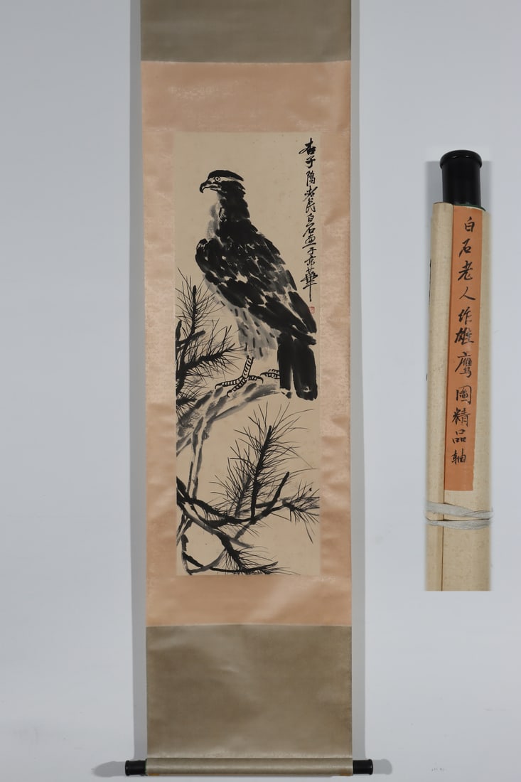 A Chinese Vertical Scroll Ink Painting of Eagle on Paper: A Chinese Vertical Scroll Ink Painting of Eagle on Paper Qi baishi Without frame Size:103.5cmx34cm (The Dimensions Of All Batches Are Manually Measured.If You Need More Detailed Information, Please Co