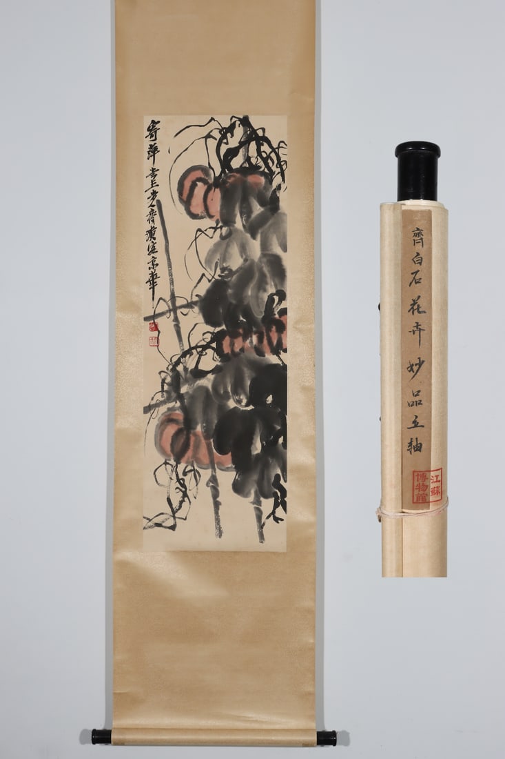 A Chinese Vertical Scroll Ink Painting of Flower and Fruit on Paper: A Chinese Vertical Scroll Ink Painting of Flower and Fruit on Paper Qi baishi Without frame Size:101cmx33.2cm (The Dimensions Of All Batches Are Manually Measured.If You Need More Detailed