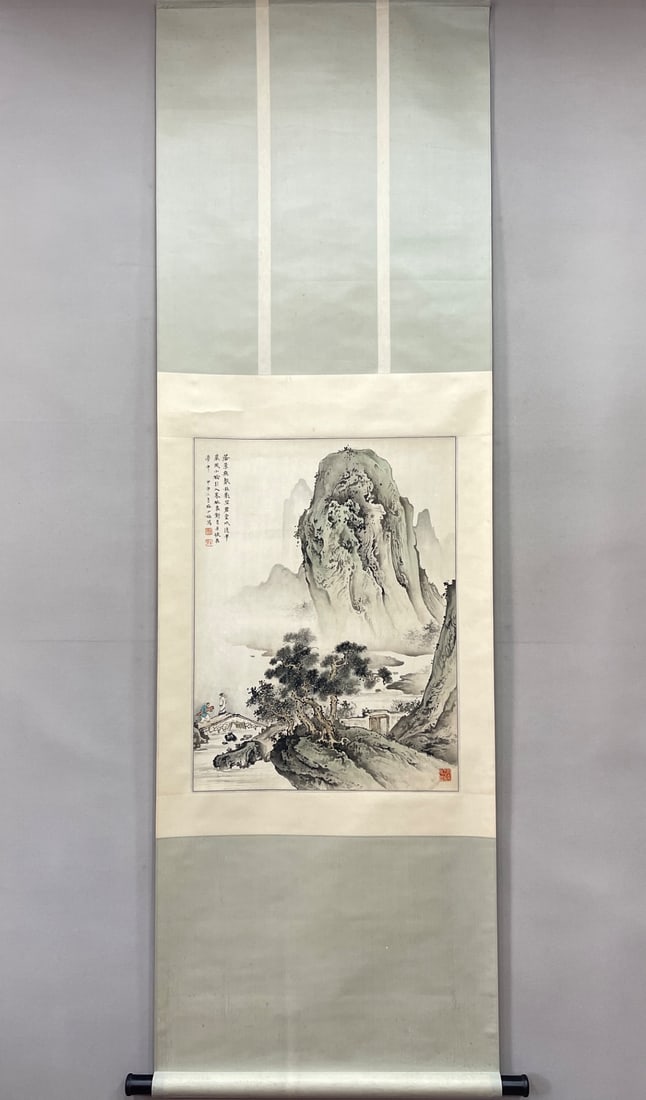 A Chinese Vertical Scroll Ink Painting of Landscape on Paper: A Chinese Vertical Scroll Ink Painting of Landscape on Paper Chen shaomei Without frame Size:63cmx47cm (The Dimensions Of All Batches Are Manually Measured.If You Need More Detailed Information,