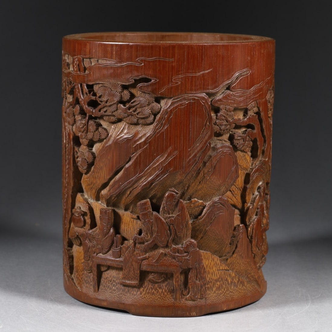 An Exquisite Bamboo Landscape and Figure Pattern with poem Brush Pot: An Exquisite Bamboo Landscape and Figure Pattern with poem Brush Pot Qing Dynasty, China Size:12.5cmx12cmx14.8cm Weight:483g (The Dimensions Of All Batches Are Manually Measured.If You Need More Detai