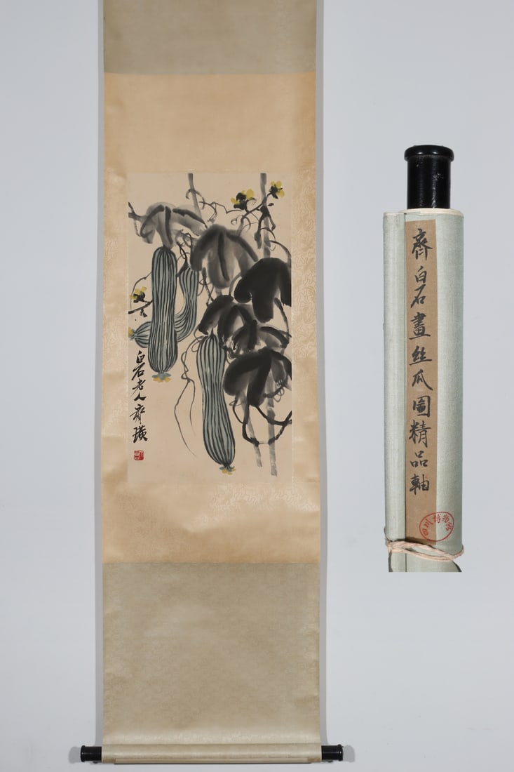 A Chinese Vertical Scroll Ink Painting of Melon and Fruit on Paper: A Chinese Vertical Scroll Ink Painting of Melon and Fruit on Paper Qi baishi Without frame Size:67cmx35.5cm (The Dimensions Of All Batches Are Manually Measured.If You Need More Detailed Information, 