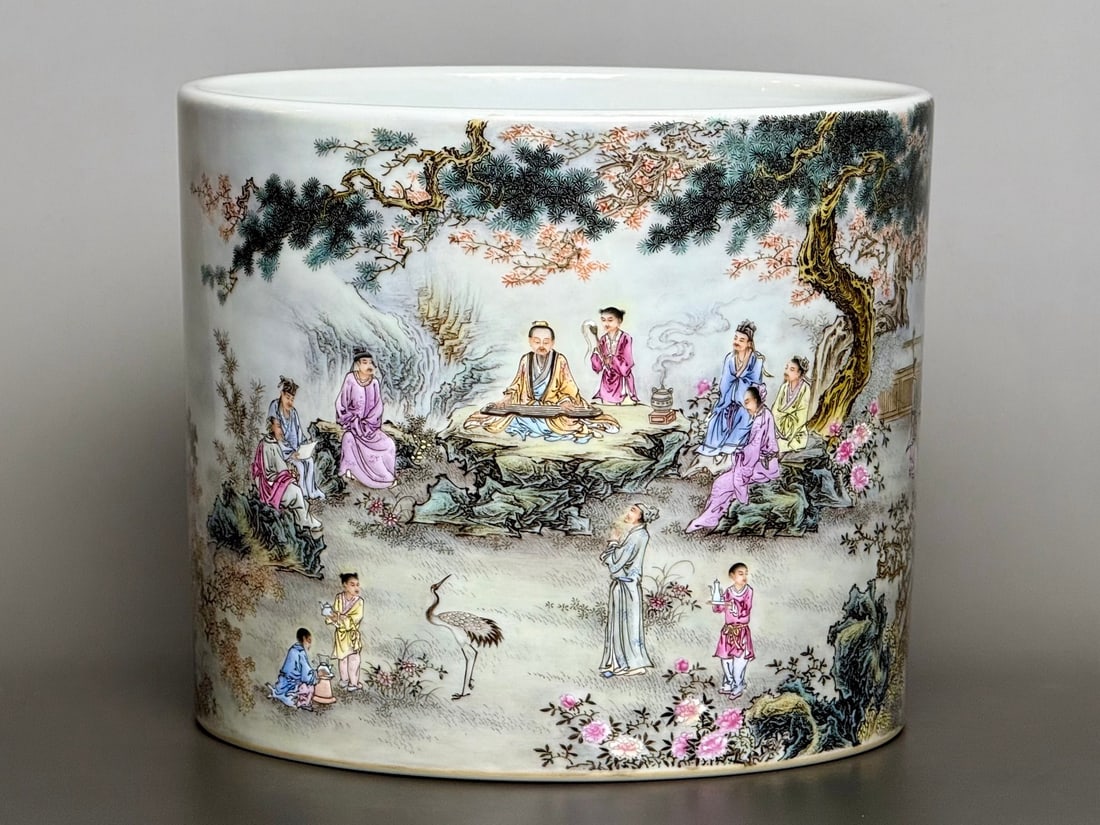 An Exquisite Famille-Rose Character and Story Pattern Brush Pot: An Exquisite Famille-Rose Character and Story Pattern Brush Pot Qing Dynasty, China Yongzheng Six-character Mark Size:16.5cmx19.3cm (The Dimensions Of All Batches Are Manually Measured.If You Need Mor