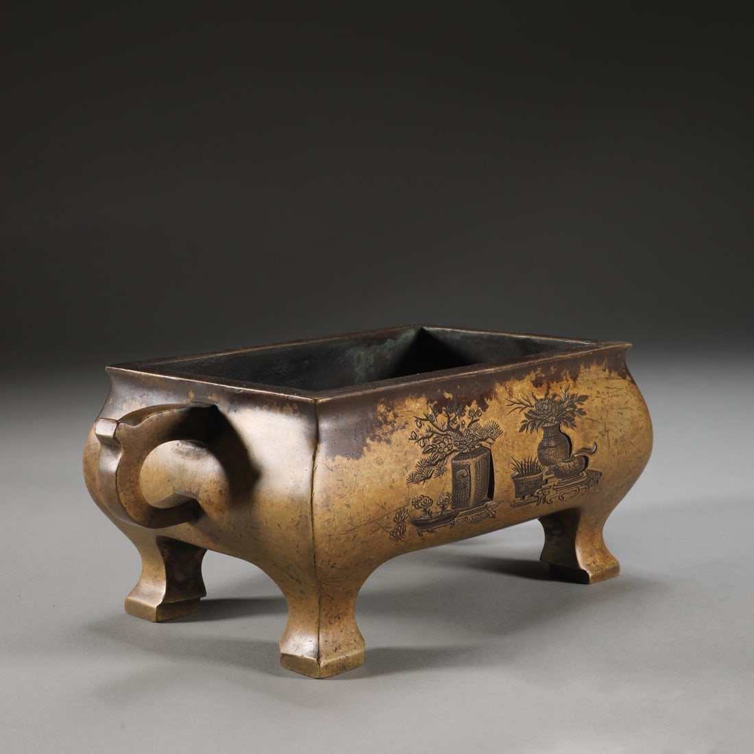 An Exquisite Bronze Flower Pattern Double-Ears Censer - 2