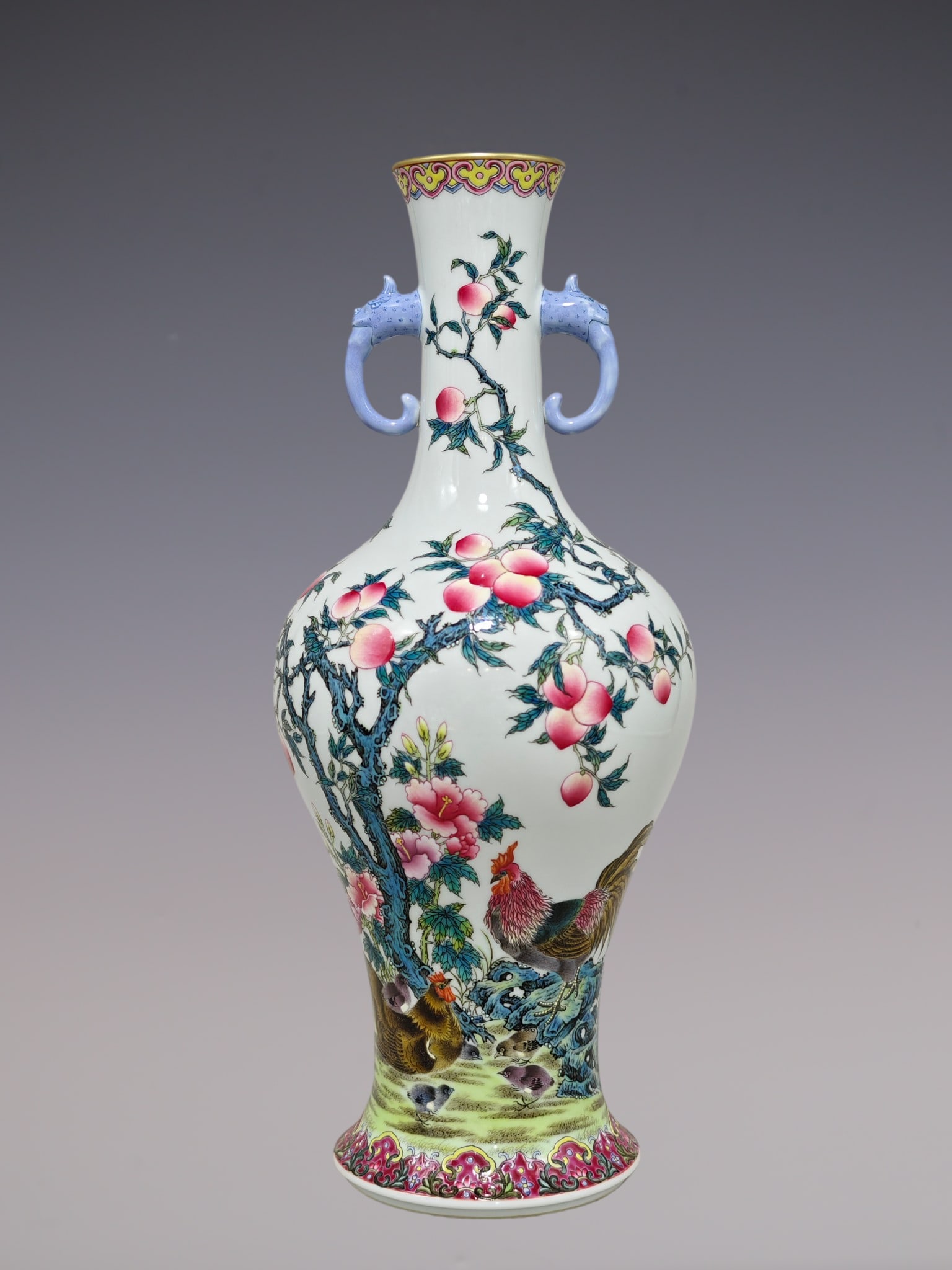 An Exquisite Enamel Flower and Bird Pattern with poem Double-Ears Vase: An Exquisite Enamel Flower and Bird Pattern with poem Double-Ears Vase Qing Dynasty, China Qianlong Six-character Mark Size:36.3cmx16cm (The Dimensions Of All Batches Are Manually Measured.If You