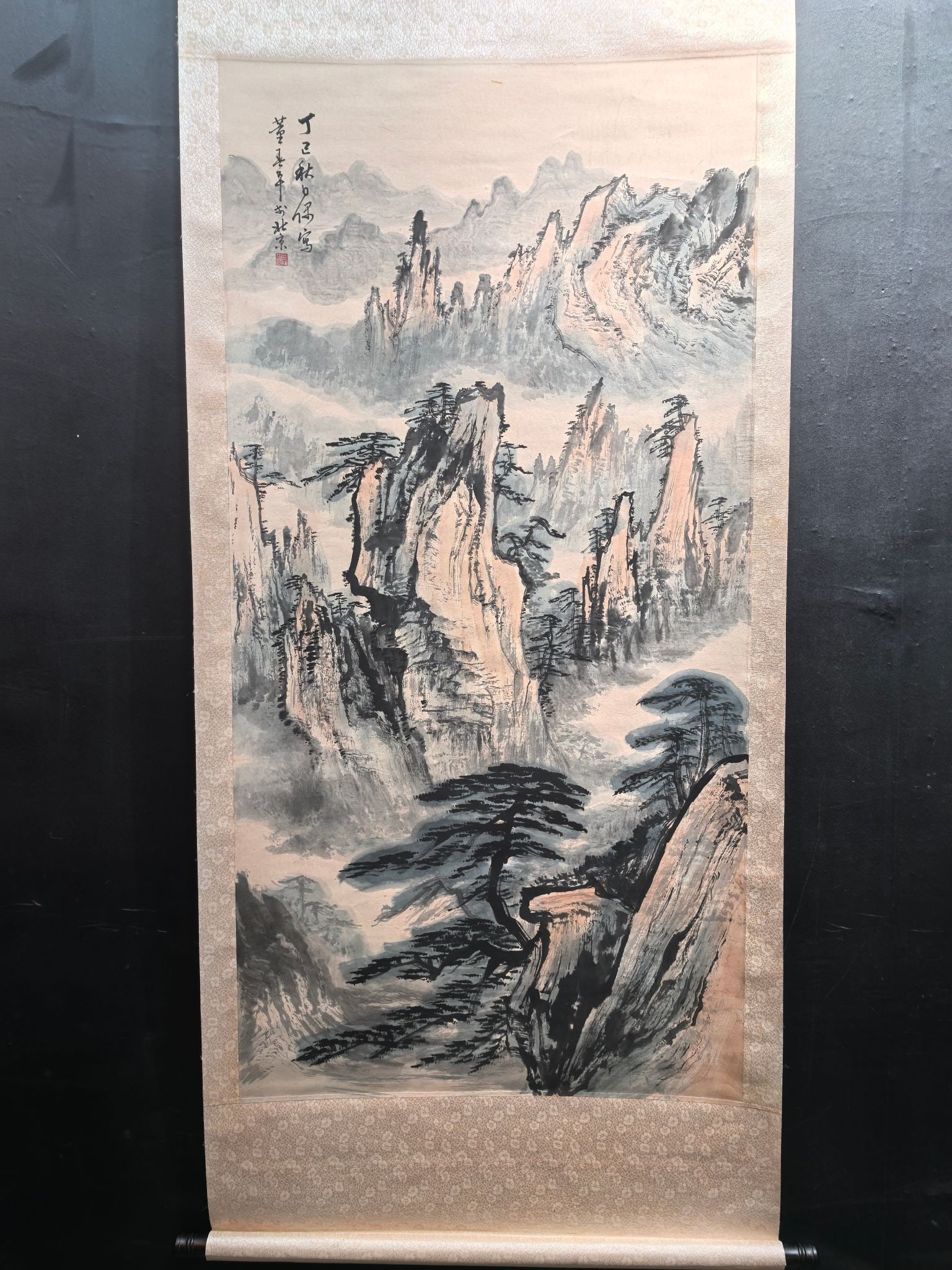 A Chinese Vertical Scroll Ink Painting of Landscape on Paper: A Chinese Vertical Scroll Ink Painting of Landscape on Paper Dong shouping Size:68cmx138cm (The Dimensions Of All Batches Are Manually Measured.If You Need More Detailed Information, Please Contact Ou