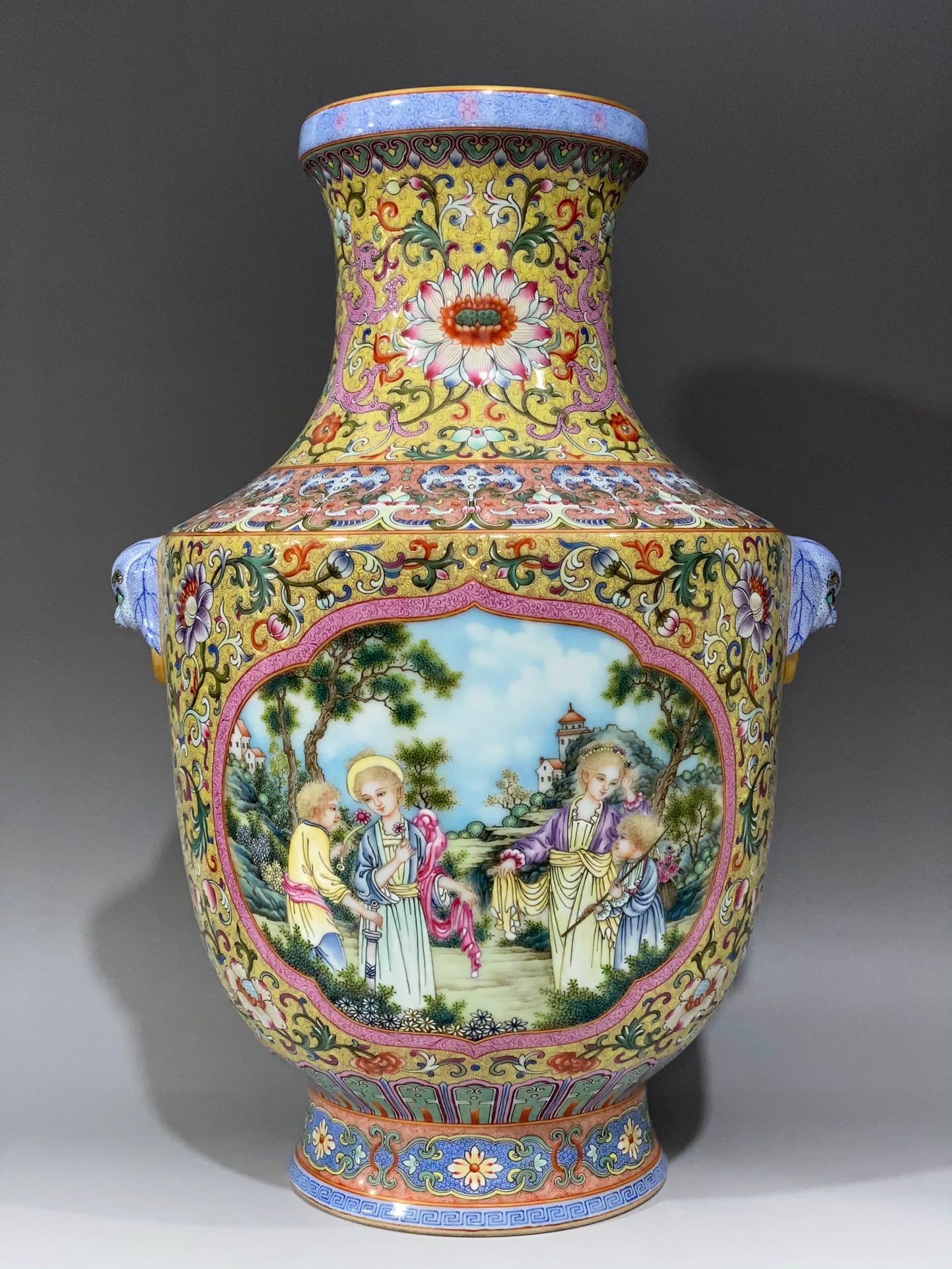 An Exquisite Famille-Rose Painted Gold Lotus Pattern Character and Story Pattern Dragon Pattern: An Exquisite Famille-Rose Painted Gold Lotus Pattern Character and Story Pattern Dragon Pattern Double-Ears Vase Qing Dynasty, China Qianlong Four-character Mark Size:39.8cmx26cm (The Dimensions Of Al