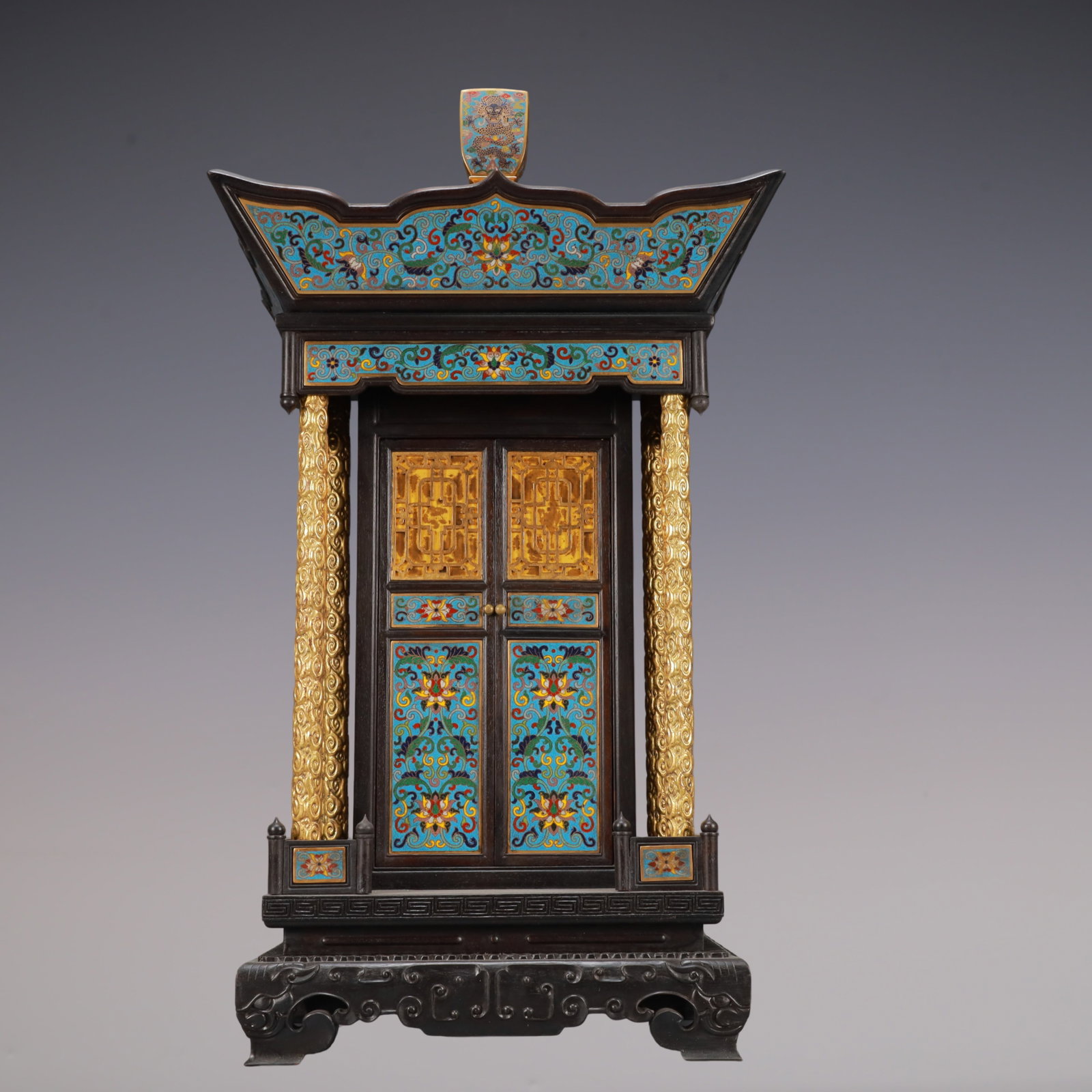 A Exquisite Zitanwood Inlaid Cloisonne Lotus Pattern Dragon Pattern Buddhist niche: A Exquisite Zitanwood Inlaid Cloisonne Lotus Pattern Dragon Pattern Buddhist niche Qing Dynasty, China Size:35.5cmx29cmx67cm Weight:7050g (The Dimensions Of All Batches Are Manually Measured.If You Ne