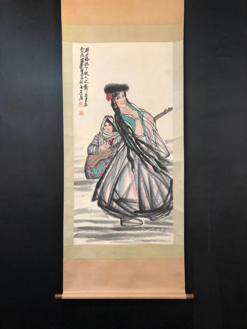 A Chinese Vertical Scroll Ink Painting of Figure on Paper: A Chinese Vertical Scroll Ink Painting of Figure on Paper Huang zhou Size:66.9cmx135.4cm (The Dimensions Of All Batches Are Manually Measured.If You Need More Detailed Information, Please Contact Our