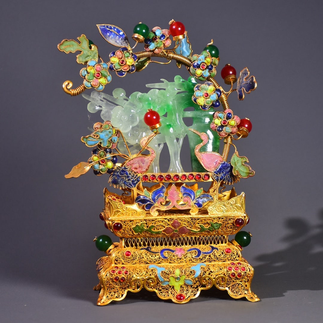 An Exquisite Gilt Bronze Inlaid Jadeite Flower and Bird Pattern Ornament: An Exquisite Gilt Bronze Inlaid Jadeite Flower and Bird Pattern Ornament Qing Dynasty, China Qianlong Four-character Mark Size:23.6cmx15cmx73cm Weight:480g (The Dimensions Of All Batches Are Manually