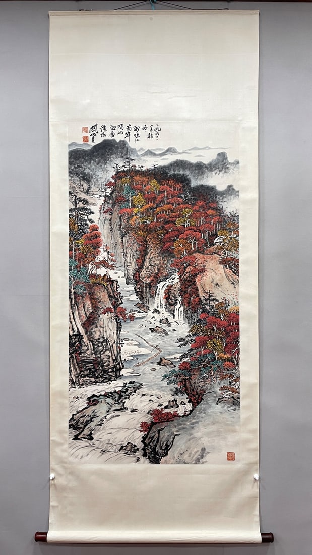 A Chinese Vertical Scroll Ink Painting of Landscape on Paper: A Chinese Vertical Scroll Ink Painting of Landscape on Paper Guan shanyue Without frame Size:137cmx69cm (The Dimensions Of All Batches Are Manually Measured.If You Need More Detailed Information,