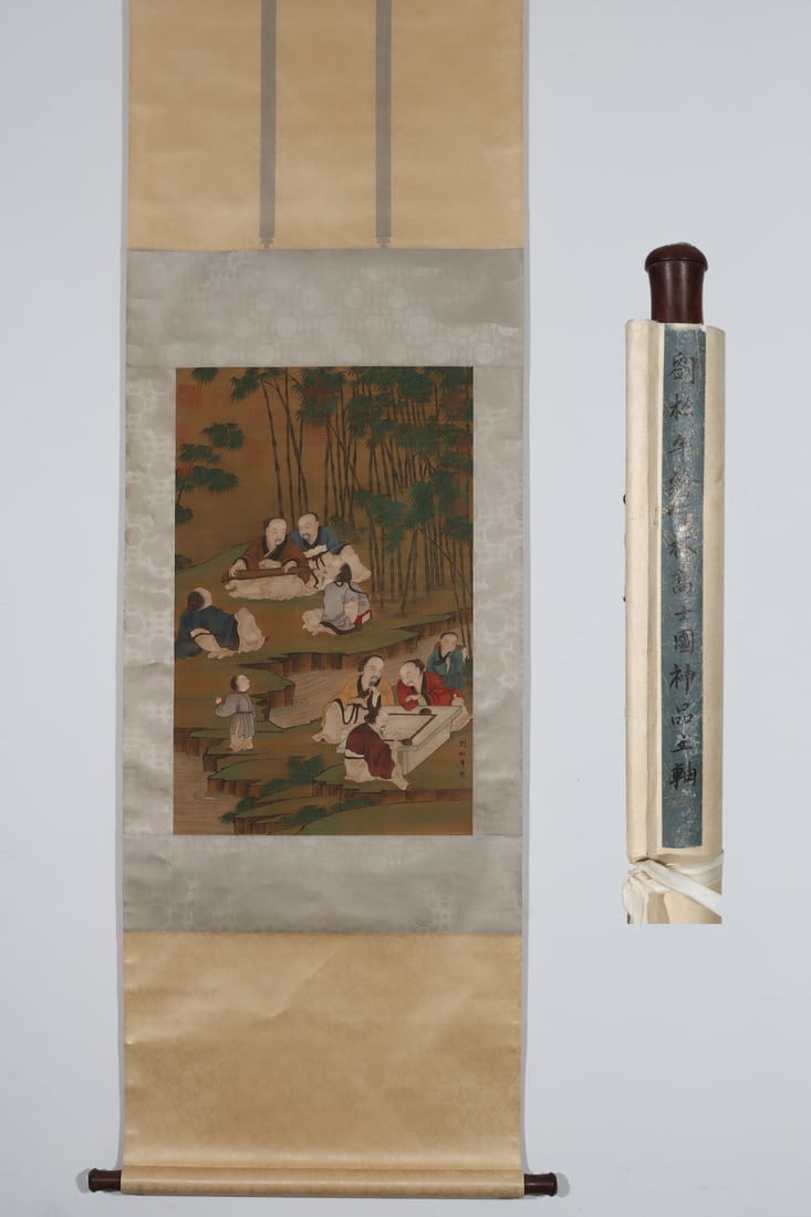 A Chinese Vertical Scroll Ink Painting of Character and Story on Silk: A Chinese Vertical Scroll Ink Painting of Character and Story on Silk Liu songnian Without frame Size:70cmx44.7cm (The Dimensions Of All Batches Are Manually Measured.If You Need More Detailed Informa