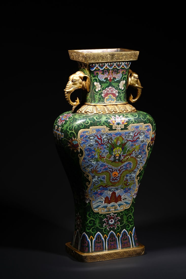 An Exquisite Cloisonne Dragon Pattern Seawater Pattern Lotus Pattern Double-Ears Vase - 8