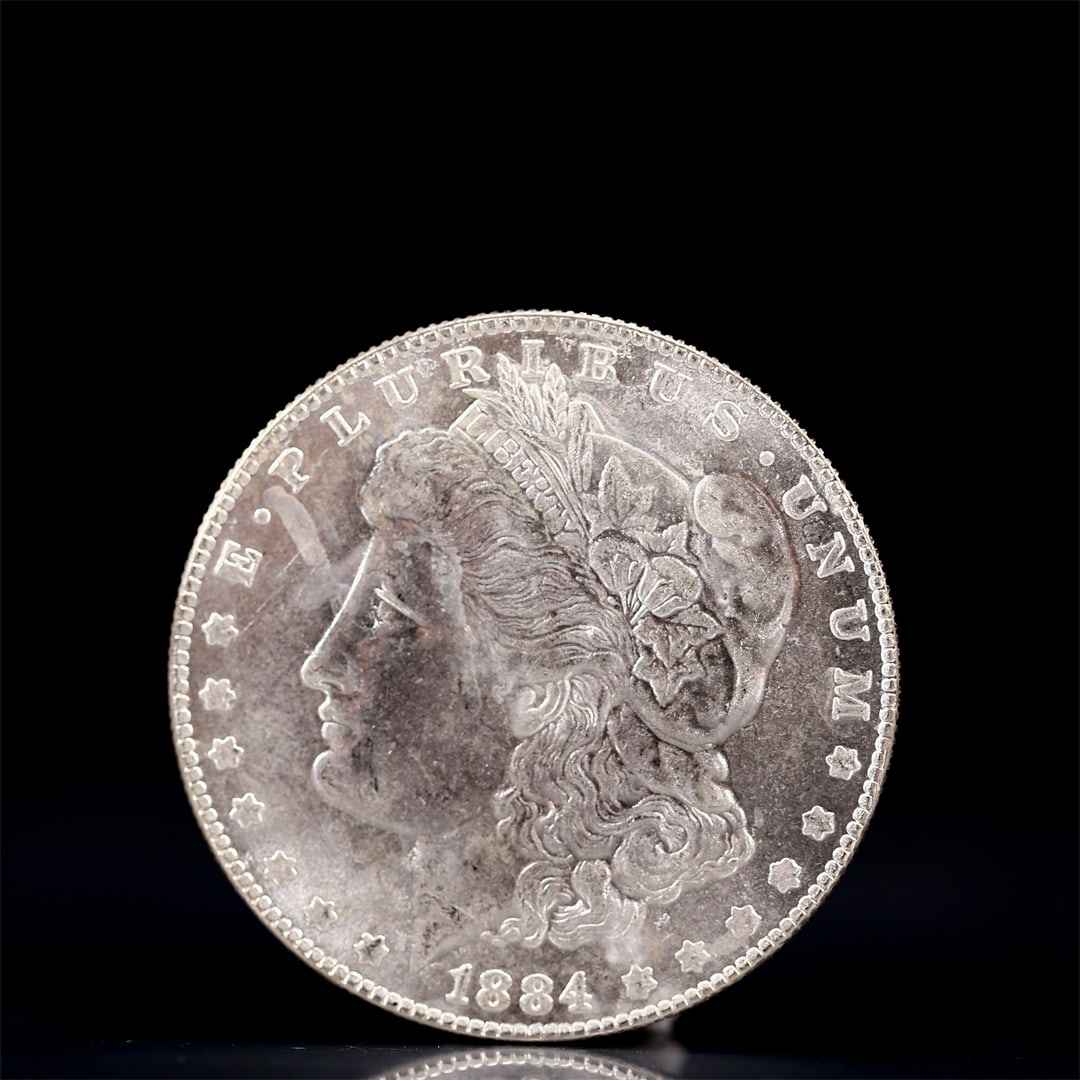 USA Morgan Dollar 1884 Coin: Obv: profile bust with date below and E PLURIBUS UNUM legend and stars around. Rev: eagle with In God we trust above within wreath with UNITED STATES OF AMERICA ONE DOLLAR legend. IN GOD WE TRUST / LI