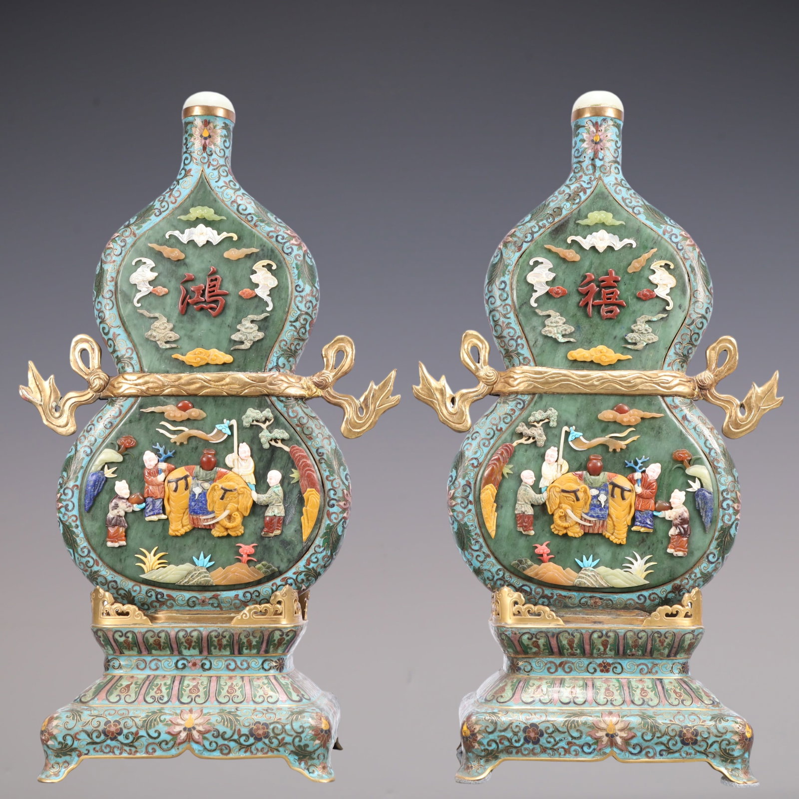 A Exquisite A pair of Cloisonne Inlaid Gems Lotus Pattern Character and Story Pattern with poem: A Exquisite A pair of Cloisonne Inlaid Gems Lotus Pattern Character and Story Pattern with poem Gourd-Shaped Ornament Qing Dynasty, China Qianlong Four-character Mark Size:20cmx16cmx50cm Weight:8250g