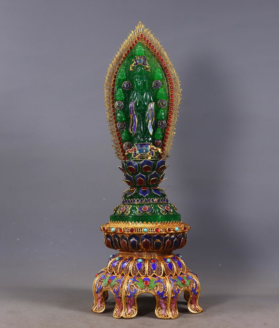 An Exquisite Gilt Bronze Inlaid Jadeite Buddha Statue: An Exquisite Gilt Bronze Inlaid Jadeite Buddha Statue Qing Dynasty, China Size: 38cmx15cm Weight:1635g (The Dimensions Of All Batches Are Manually Measured.If You Need More Detailed Information,