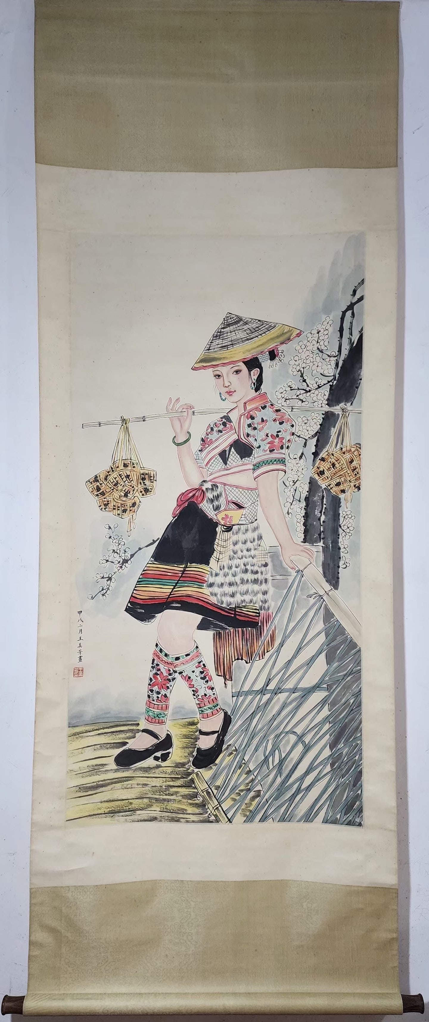 A Chinese Vertical Scroll Ink Painting of Figure on Paper: A Chinese Vertical Scroll Ink Painting of Figure on Paper Wang meifang Without frame Size:135.5cmx68cm (The Dimensions Of All Batches Are Manually Measured.If You Need More Detailed Information, Pleas
