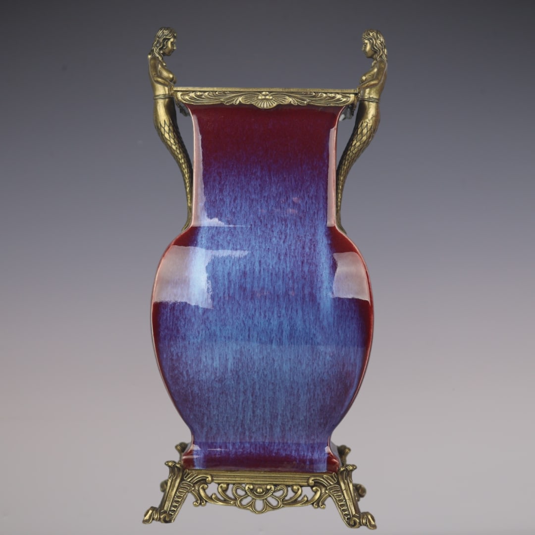 An Exquisite Flambe Glazed Inlaid Bronze Double-Ears Vase: An Exquisite Flambe Glazed Inlaid Bronze Double-Ears Vase Qing Dynasty, China Yongzheng Six-character Mark Size:52.5cmx23cm (The Dimensions Of All Batches Are Manually Measured.If You Need More