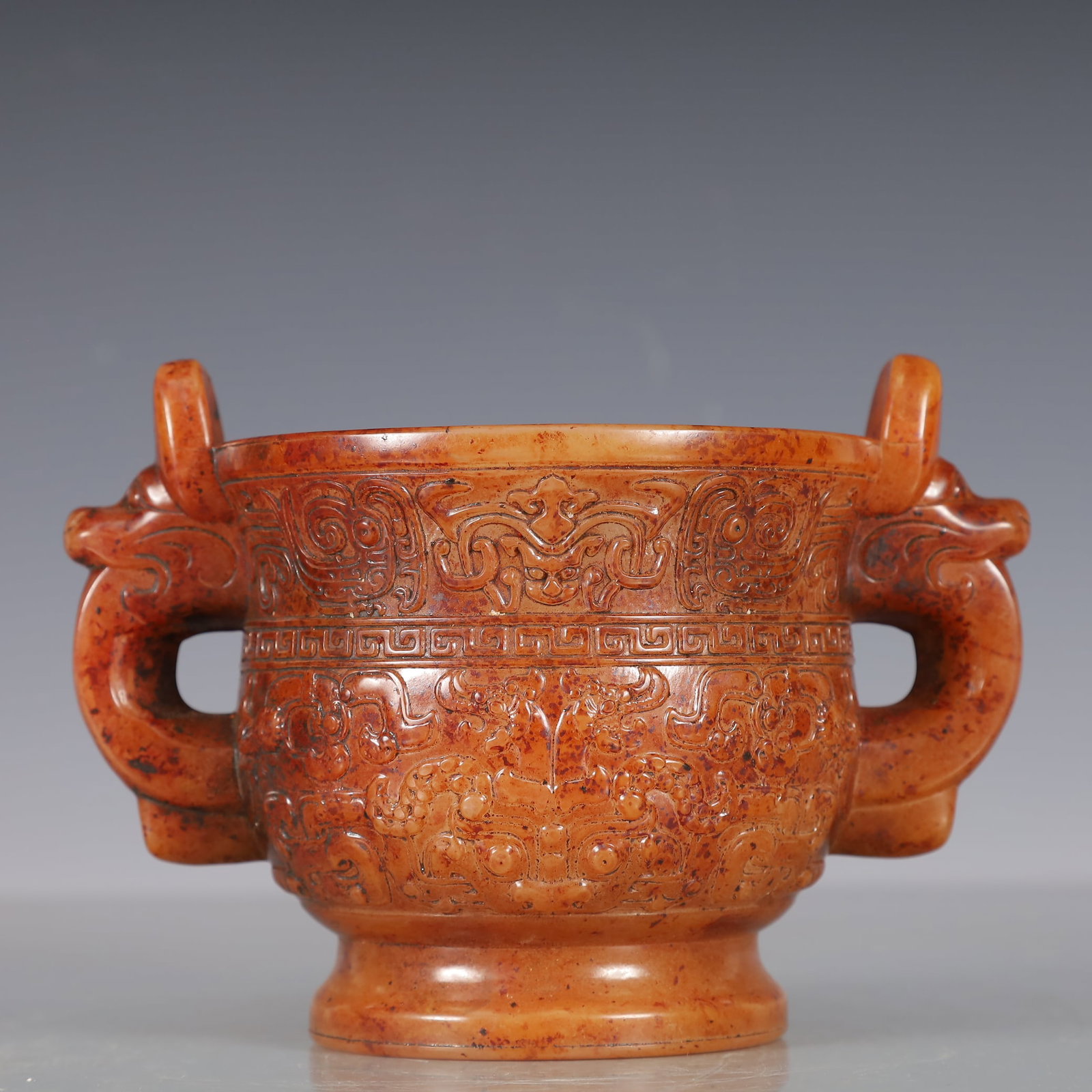 A Exquisite Gao Guyu Beast-Face Pattern Double-Ears Censer: A Exquisite Gao Guyu Beast-Face Pattern Double-Ears Censer Qing Dynasty, China Qianlong Four-character Mark Size:15.5cmx11cmx11cm Weight:800g (The Dimensions Of All Batches Are Manually Measured.If