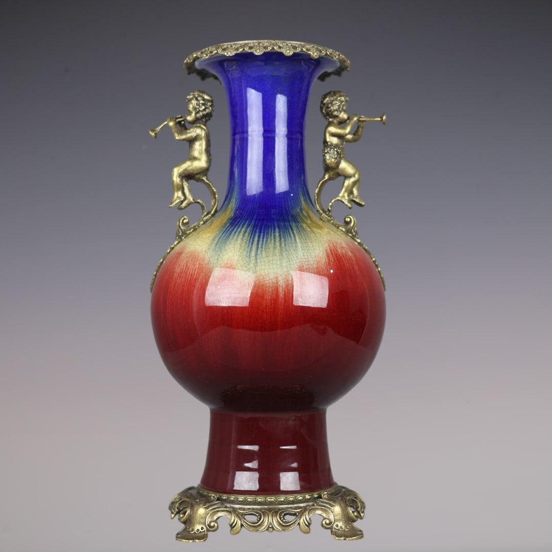 An Exquisite Flambe Glazed Inlaid Bronze Double-Ears Vase: An Exquisite Flambe Glazed Inlaid Bronze Double-Ears Vase Qing Dynasty, China Qianlong Six-character Mark Size:43cmx21.5cm (The Dimensions Of All Batches Are Manually Measured.If You Need More