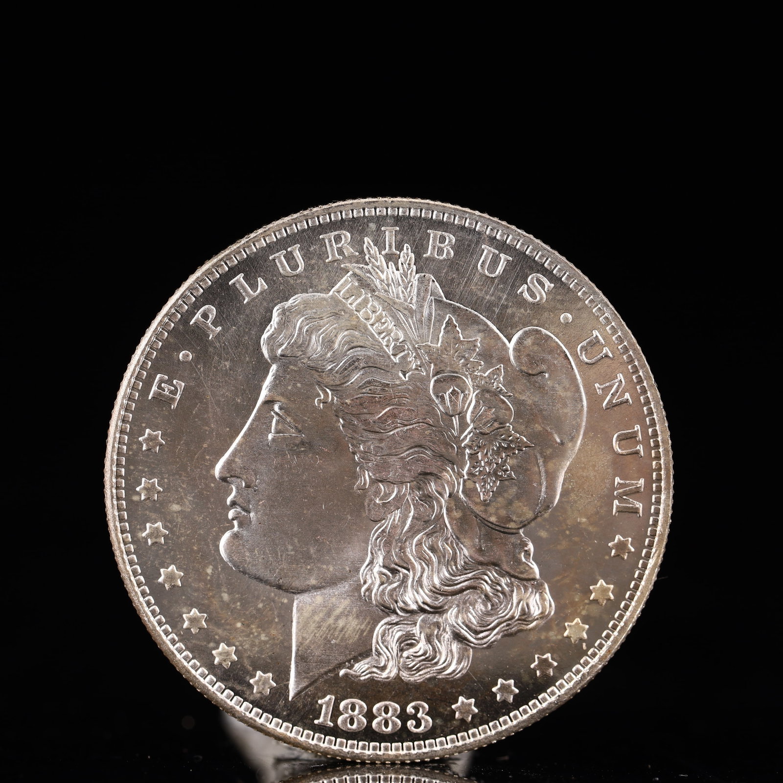 USA Morgan Dollar 1883 Coin: Obv: profile bust with date below and E PLURIBUS UNUM legend and stars around. Rev: eagle with In God we trust above within wreath with UNITED STATES OF AMERICA ONE DOLLAR legend. IN GOD WE TRUST / LI
