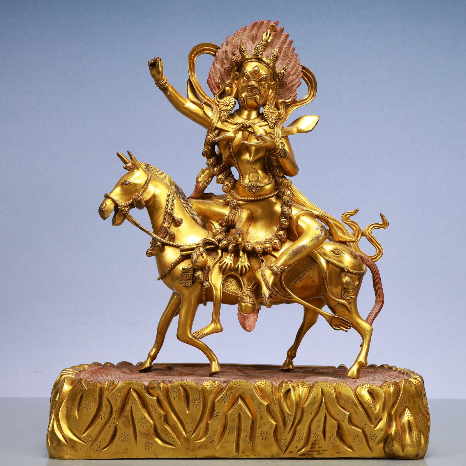 An Exquisite Gilt Bronze Statue of Mammon Rides the Lion: An Exquisite Gilt Bronze Statue of Mammon Rides the Lion Qing Dynasty, China Qianlong Six-character Mark Size:35cmx19cmx45cm Weight:13950g (The Dimensions Of All Batches Are Manually Measured.If You N