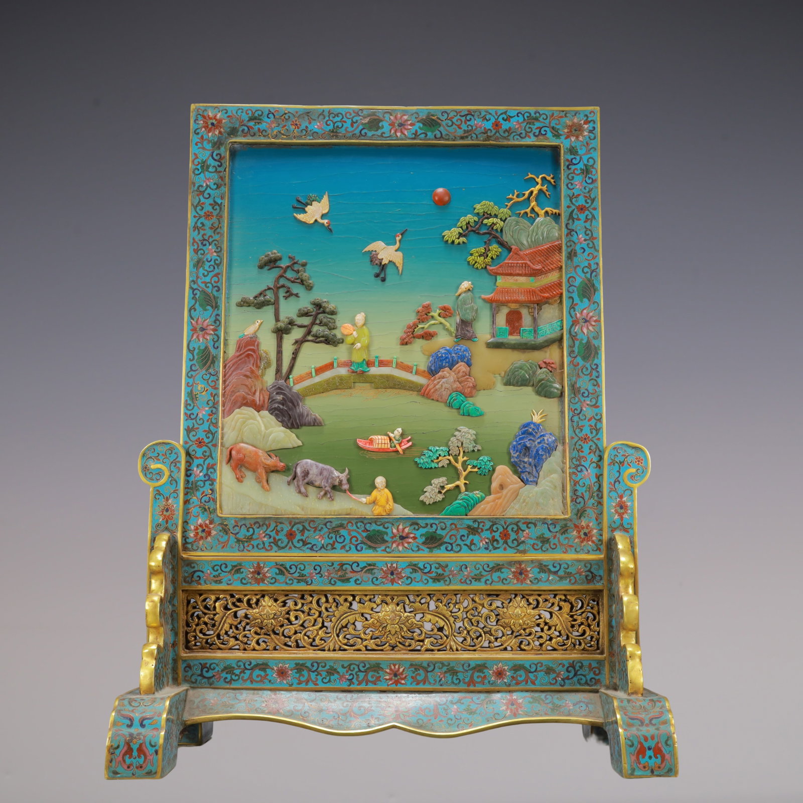 A Exquisite Cloisonne Lotus Pattern Character and Story Pattern Ornament: A Exquisite Cloisonne Lotus Pattern Character and Story Pattern Ornament Qing Dynasty, China Size:47cmx29cmx60cm Weight:8450g (The Dimensions Of All Batches Are Manually Measured.If You Need More Deta